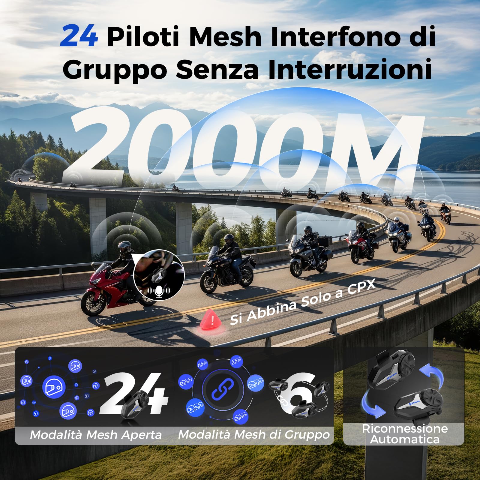 Moman CPX Mesh Interfono Moto - 24 Persone Due Modalità, Auricolare Casco Moto 2000M Sistema di Comunicazione, Audio Multitasking BT 5.4 Quad Riduzione del Rumore AI Hi-Fi Stereo/Impermeabile, Doppio