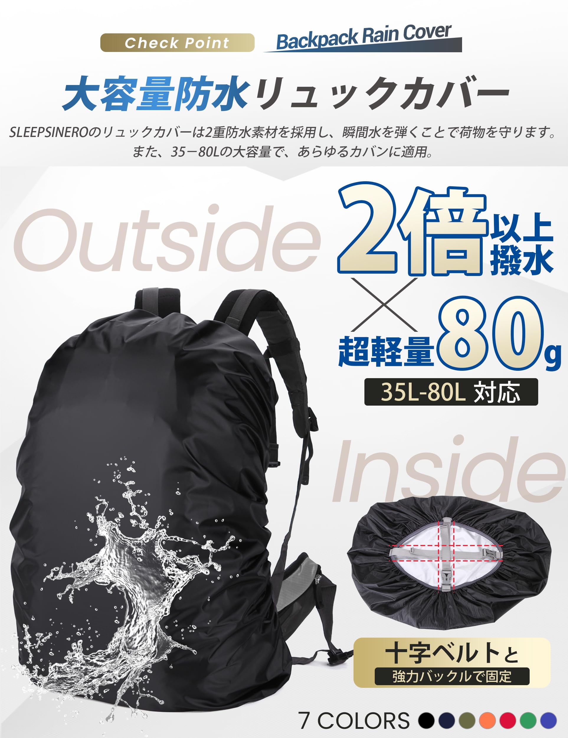 リュックカバーの軽量性と防水性を強調する画像