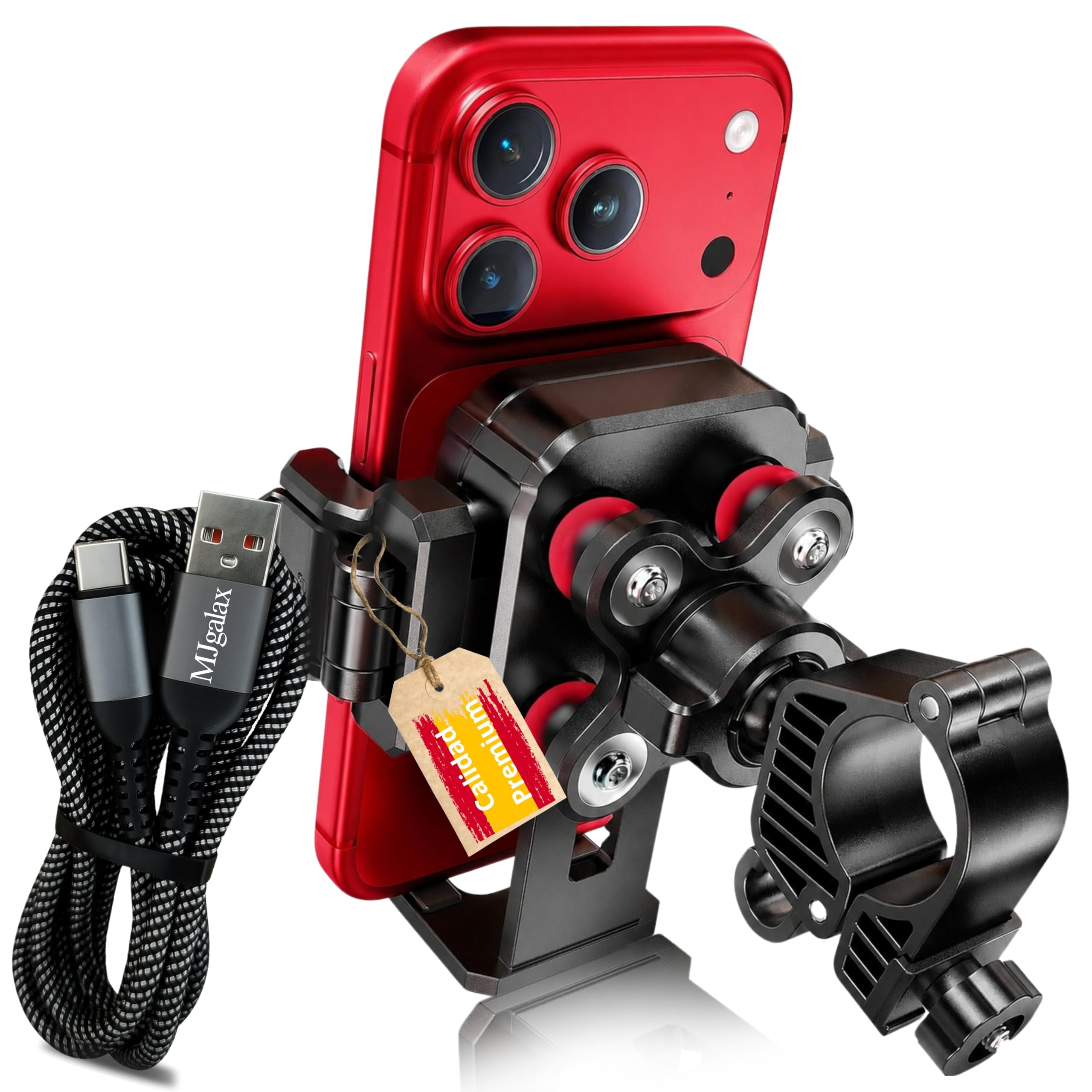 Motorcycle Mobile Stand Kit, Mobile Bike and Scooter Elect. Anti-Vibration and Anti-Theft 360° Rotation, Phone Mount Moto Cap. 4.7-6.8 inches. Includes USB C Cable Fast Charging for Android and iPhone.