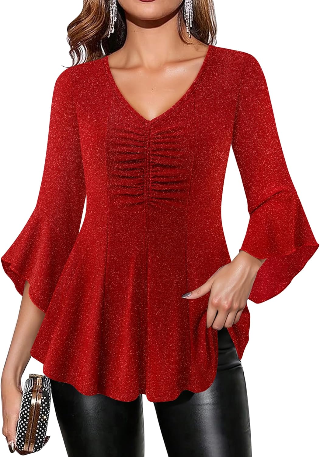 Timeson Women's Sparkly Tops Ruffle 3/4 Sleeve Blouses Holiday Shirts Christmas Outfits - Image 4