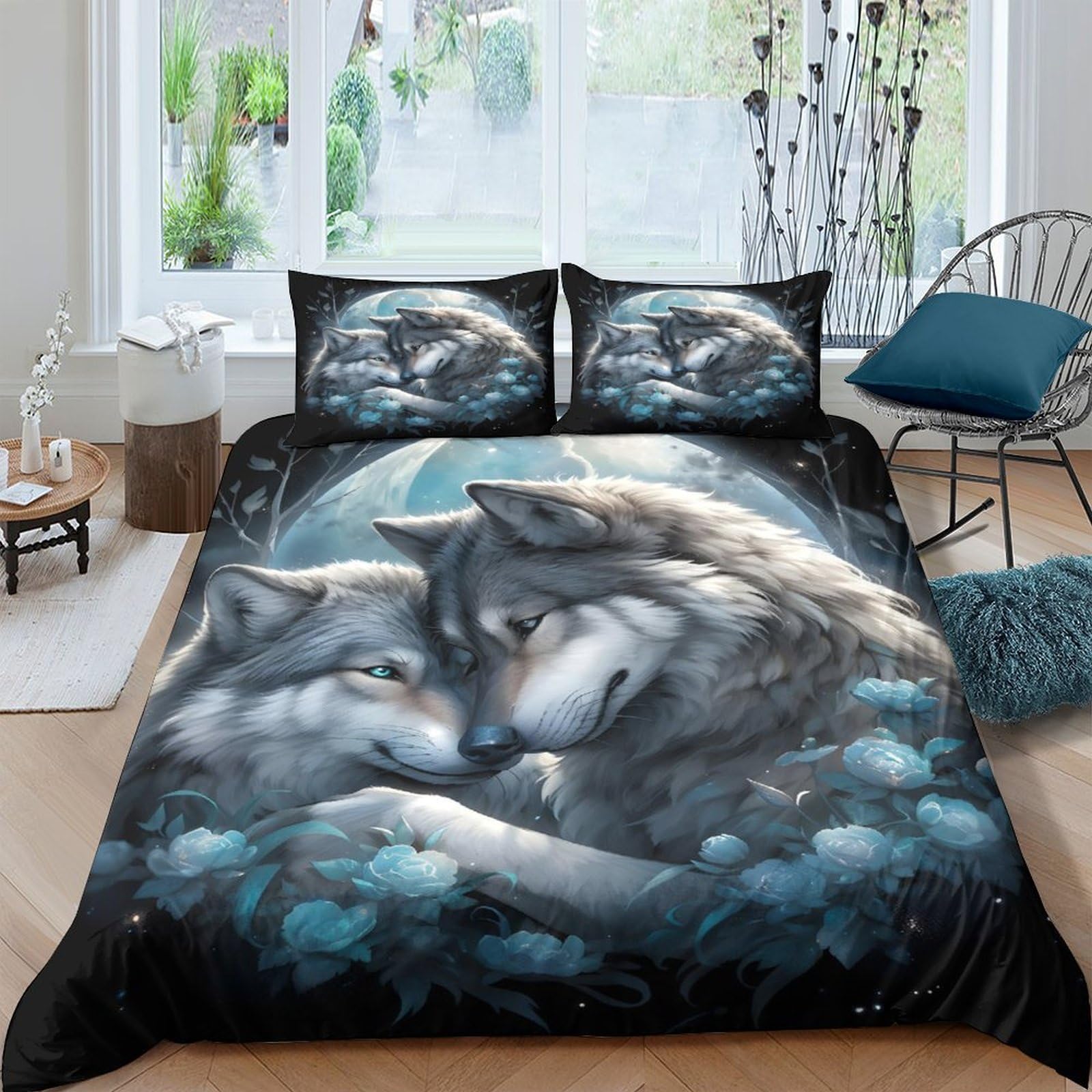 P5V6M1Q9 3D Printed Wolf Moon Duvet Cover Microfiber Soft Breathable Forest Night Bedding Set with 2 Pillowcases for Bedroom Decor Single（135x200cm）
