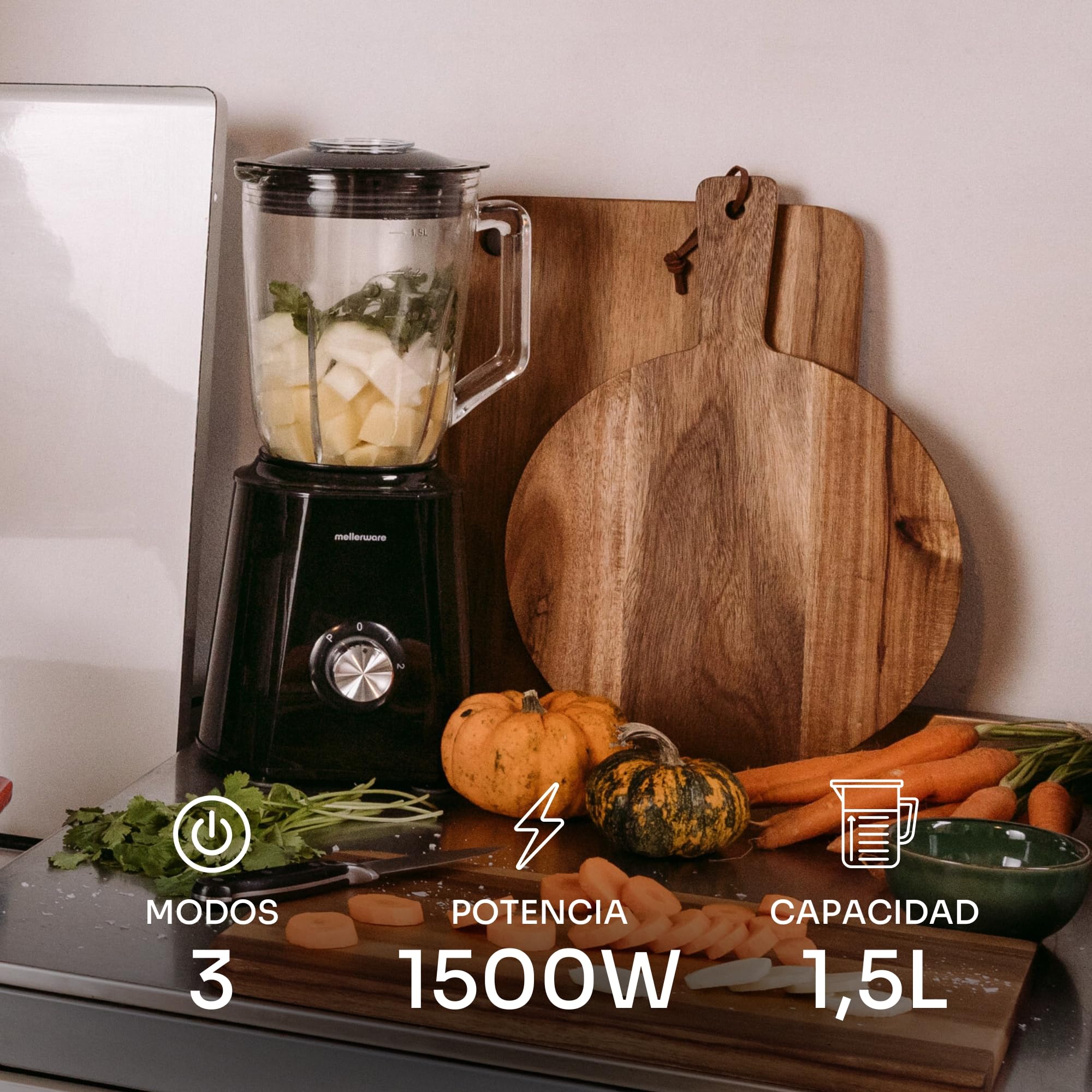 Mellerware - Batidora de vaso Mixy! 1500 W | Jarra de vidrio de 1.5L | 2 velocidades + TURBO | Procesador de alimentos profesional con cuchillas de 6 hojas | Rompehielos | Negro