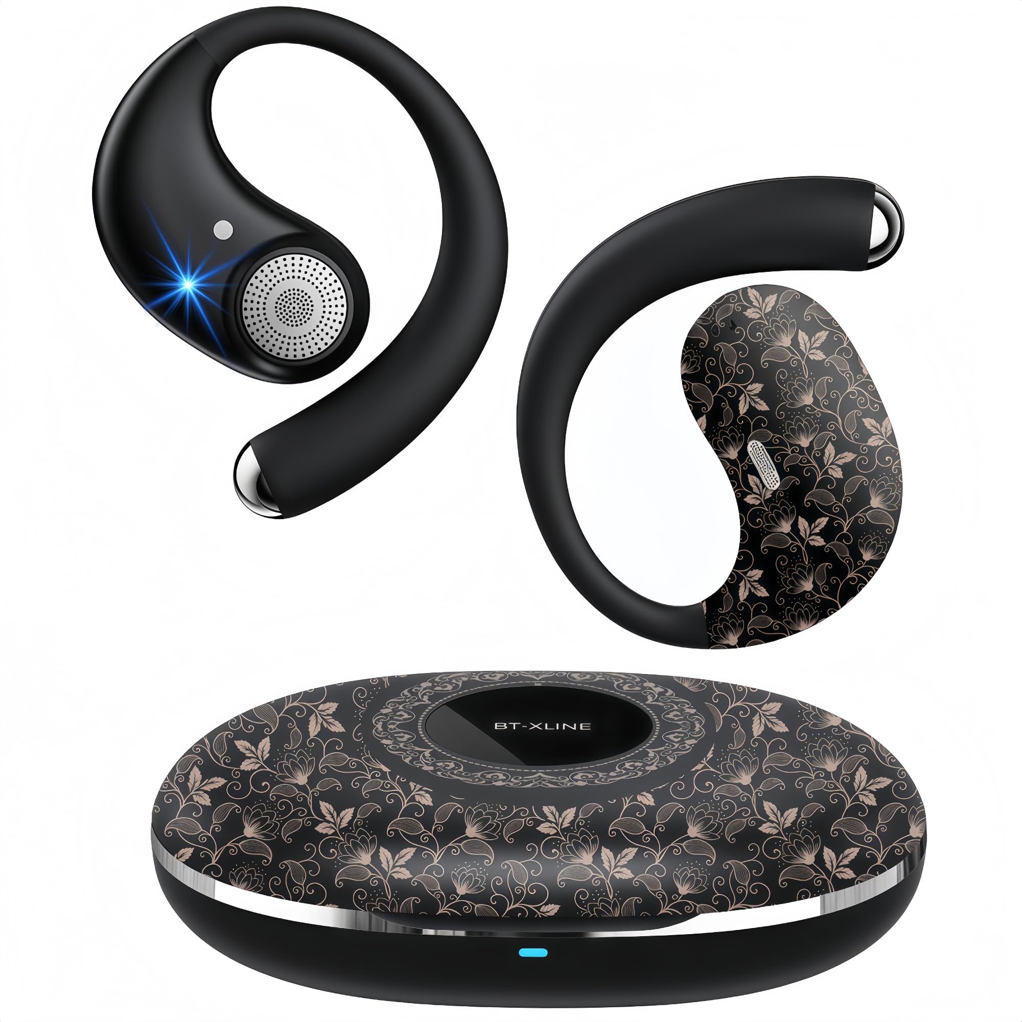 Cuffie Bluetooth Open Ear Con Motivo Nero Elegante,Auricolari Bluetooth Sport,36 Ore di Autonomia,Bluetooth 6.0,Leggere e Comode, per Sport ,Ufficio, Casa e Tempo Libero
