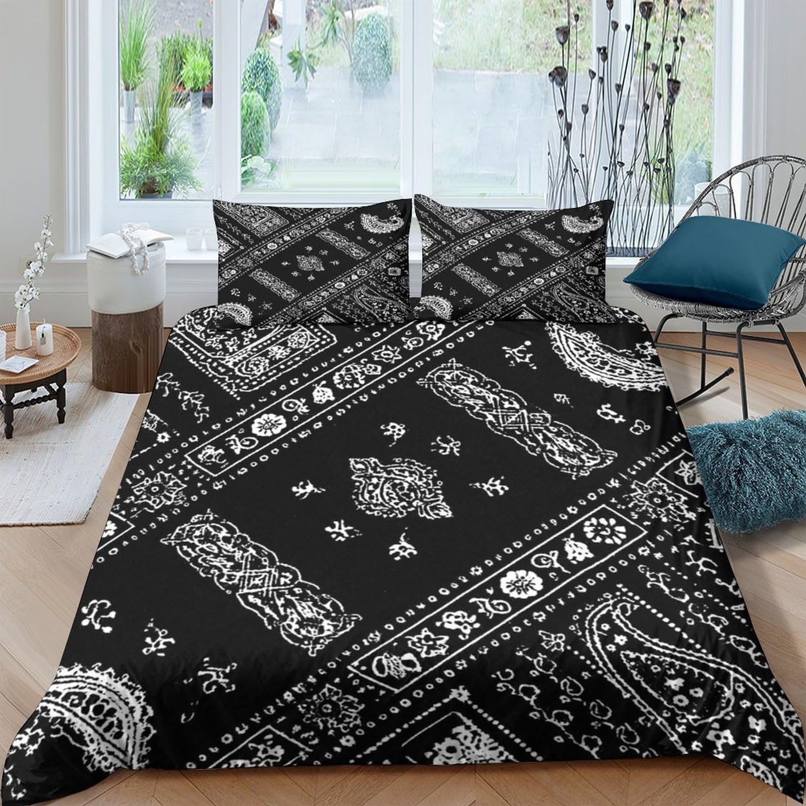 GPLZQXKJNH 3D Printed Black Paisley Bandana Duvet Cover Microfiber Soft Breathable Bedding Set with 2 Pillowcases for Bedroom Decor Apartment Single（135x200cm）