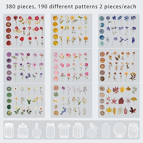 Miniatura 3 de Juego de 380 calcomanías de flores prensadas con diseño de flores secas, calcomanías de resina para diario, calcomanías florales naturales botánicas