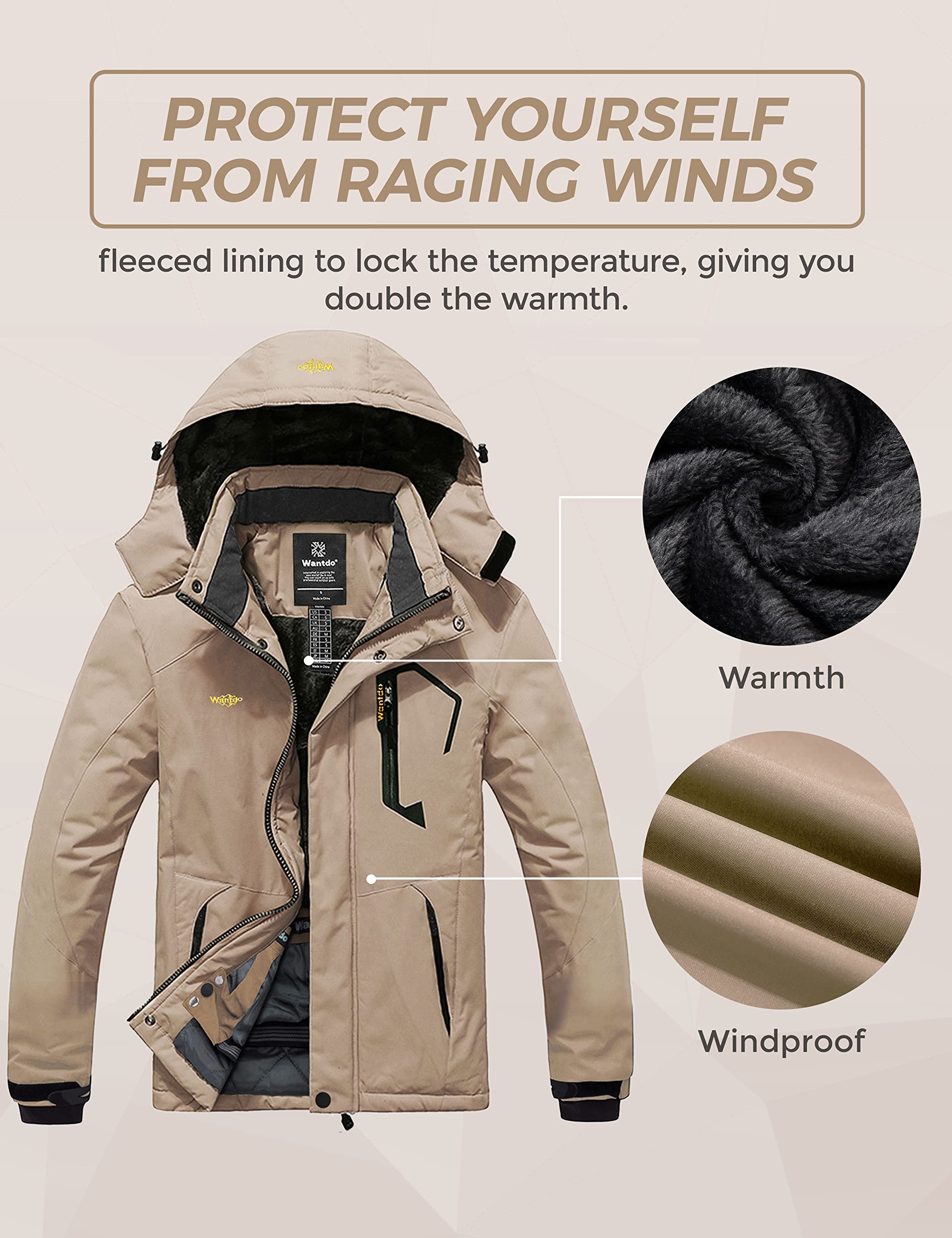 Wantdo Giacca da Sci Montagna Calda Invernale Parka da Neve Imbottita Cappotto da Snowboard in Pile Giubbotto con Cappuccio Impermeabile Uomo