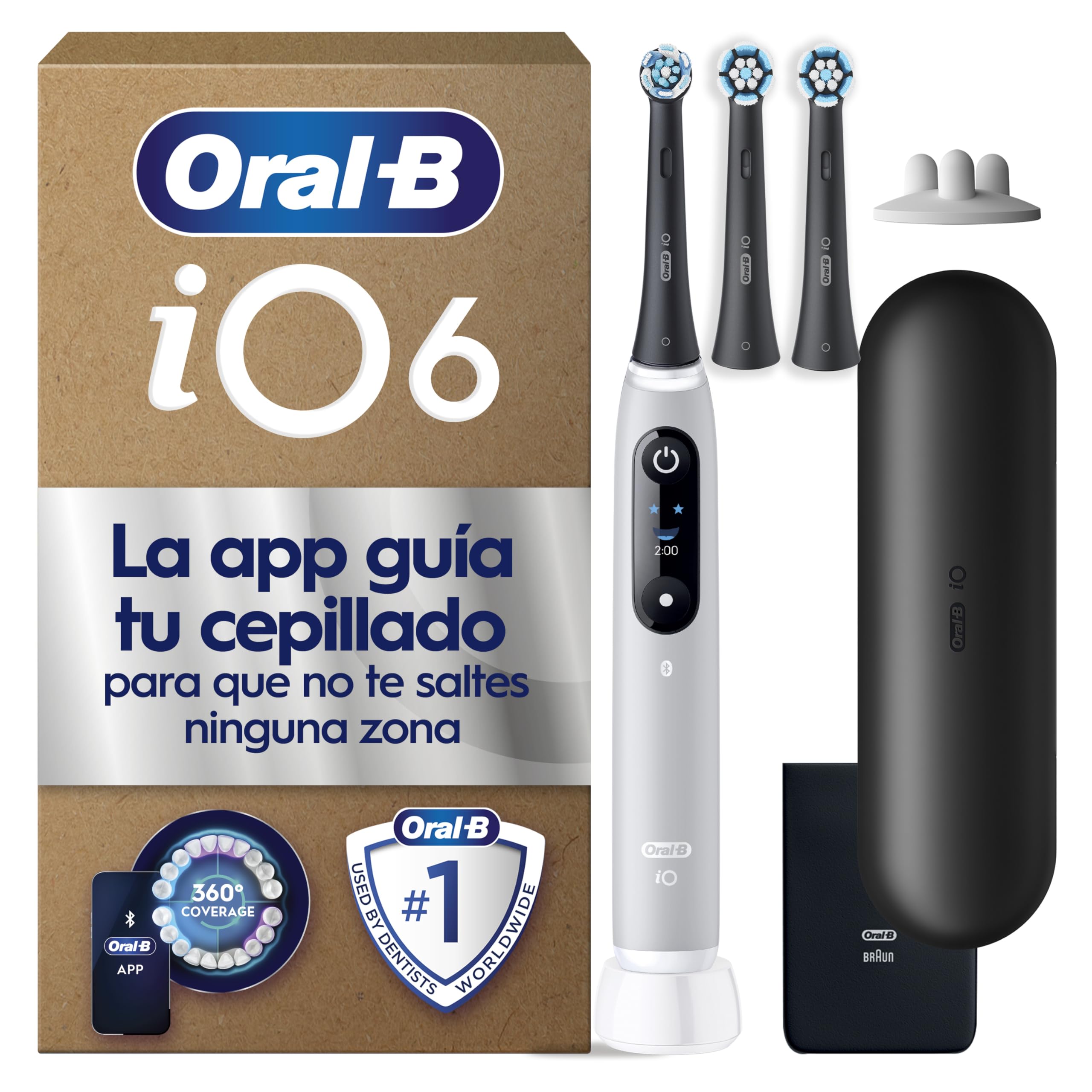 Oral-B iO 6 Electric Toothbrush with 3 Heads and Travel Case, Grey – Toothbrush with Rechargeable Handle, 5 Brushing Modes with Teeth Whitening, Pressure Sensor