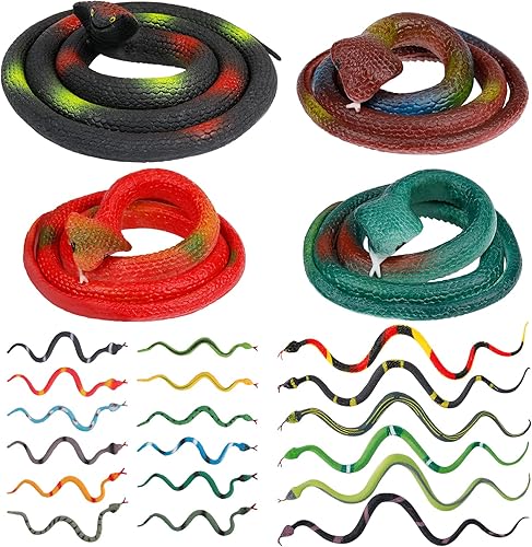 Outee 22 serpientes de goma realistas de serpientes falsas de 3 a 39 pulgadas, juguetes de serpiente negra para accesorios de jardín para asustar
