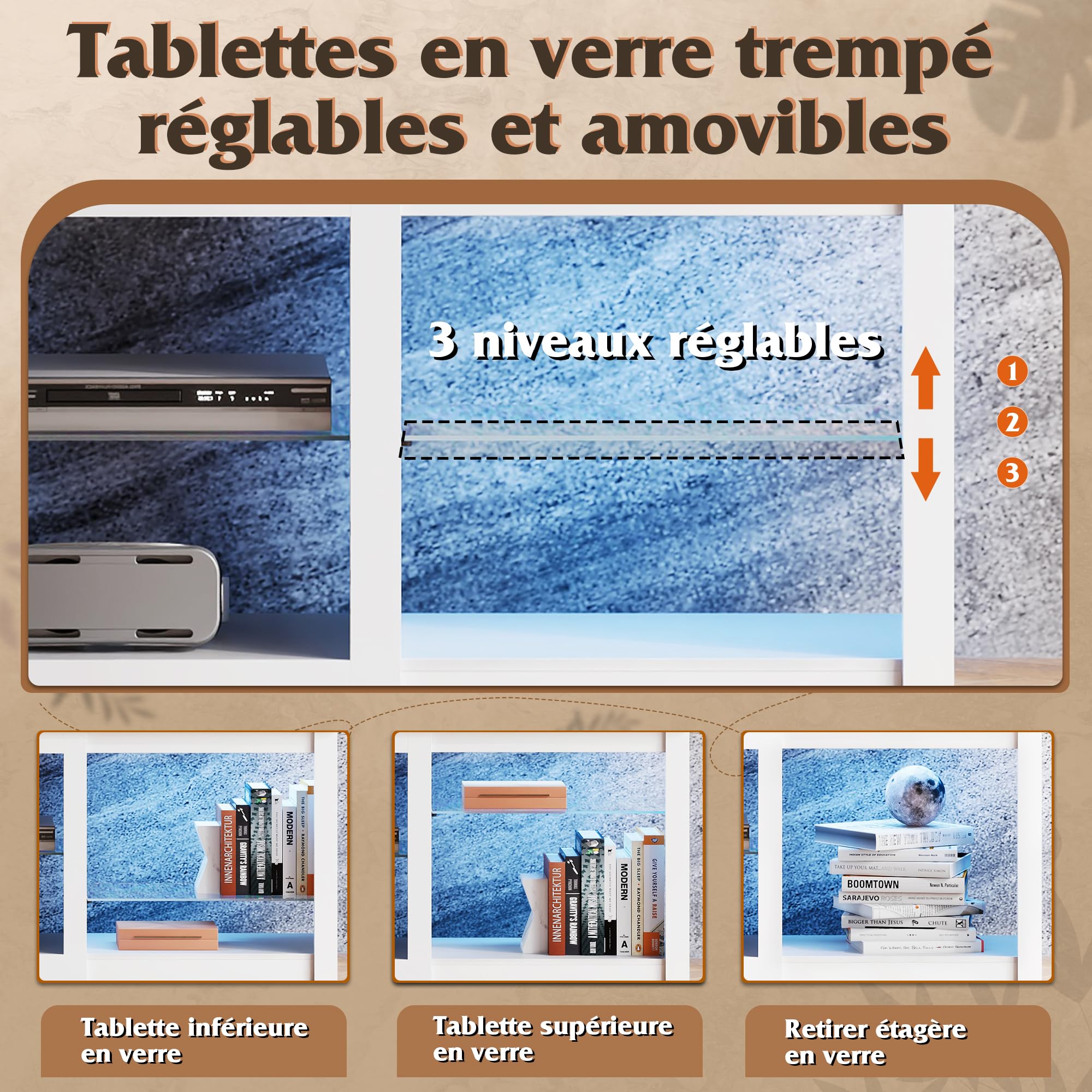 WLIVE Meuble TV LED 166 cm, Buffet Bas avec Éclairage LED 22 Modes et Étagères Ouvertes, Banc TV pour Téléviseurs jusqu'à 75 Pouces, Support TV avec Tablettes en Verre Réglables pour Salon, Blanc