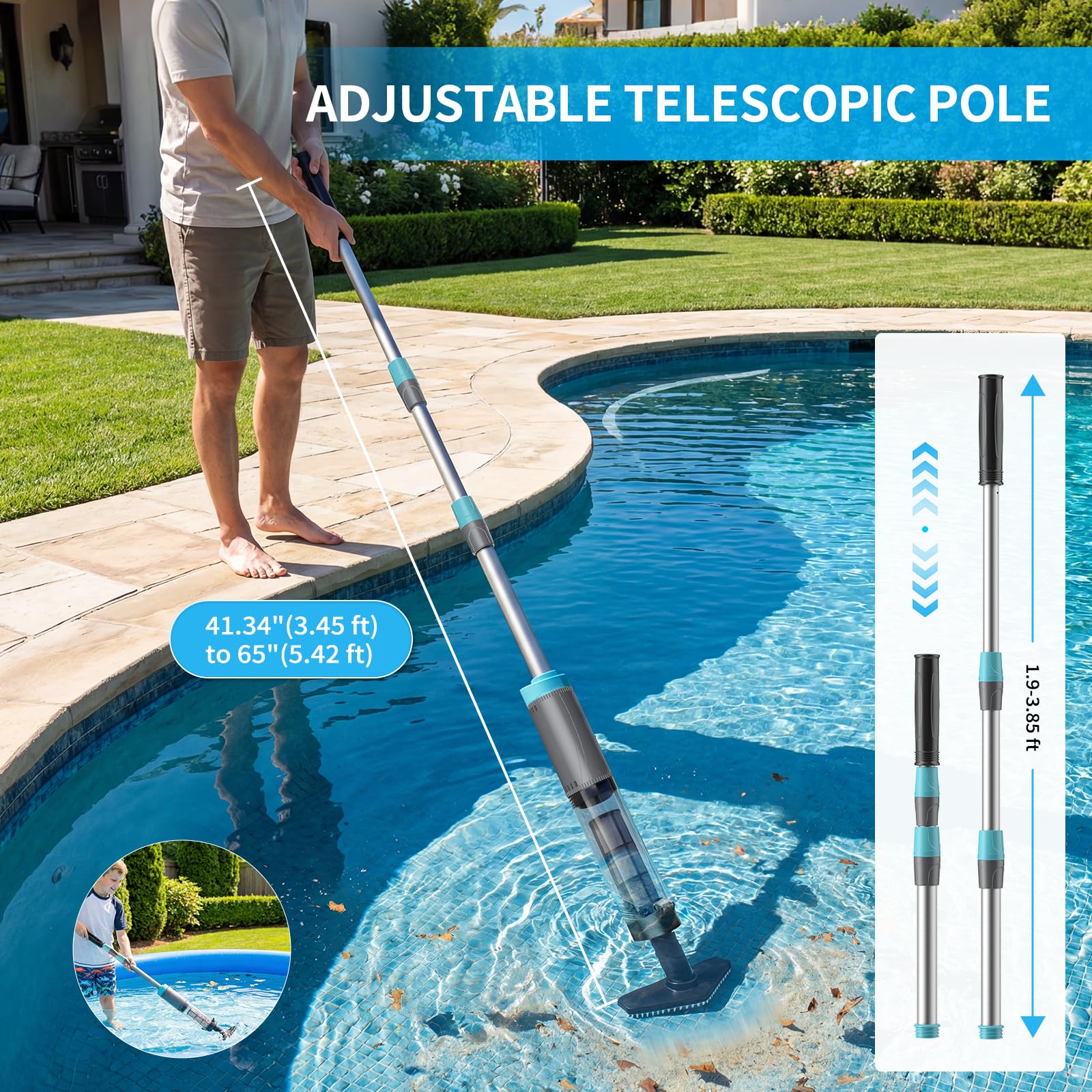 Hot Tub Hoover,3 in1 Pool Vacuum Cleaner for Above Ground Pool with 3 Brush Heads & LED Light,Cordless Pool Hoover 90Min Runtime, for Cleaning Small Debris Types — view 3