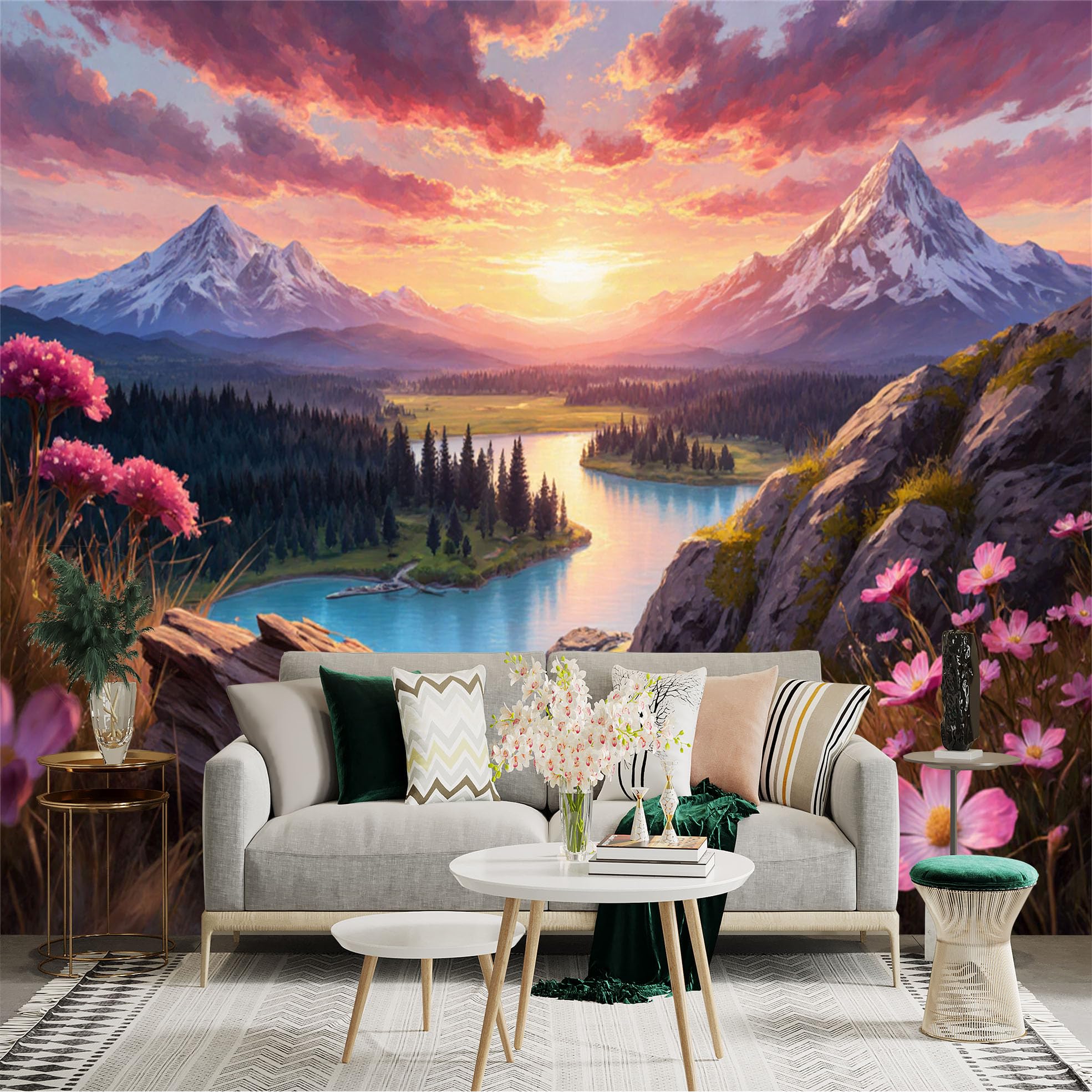 Lnzczhyre Xc260505445 Custom Size Wall Sticker Mural， Majestic Sunset Over Snow Capped Mountain Peaks， Serene River Valley， Vibrant Wildflowers In Bloom， For Wall Decoration， Peelandstick Wall Decals.