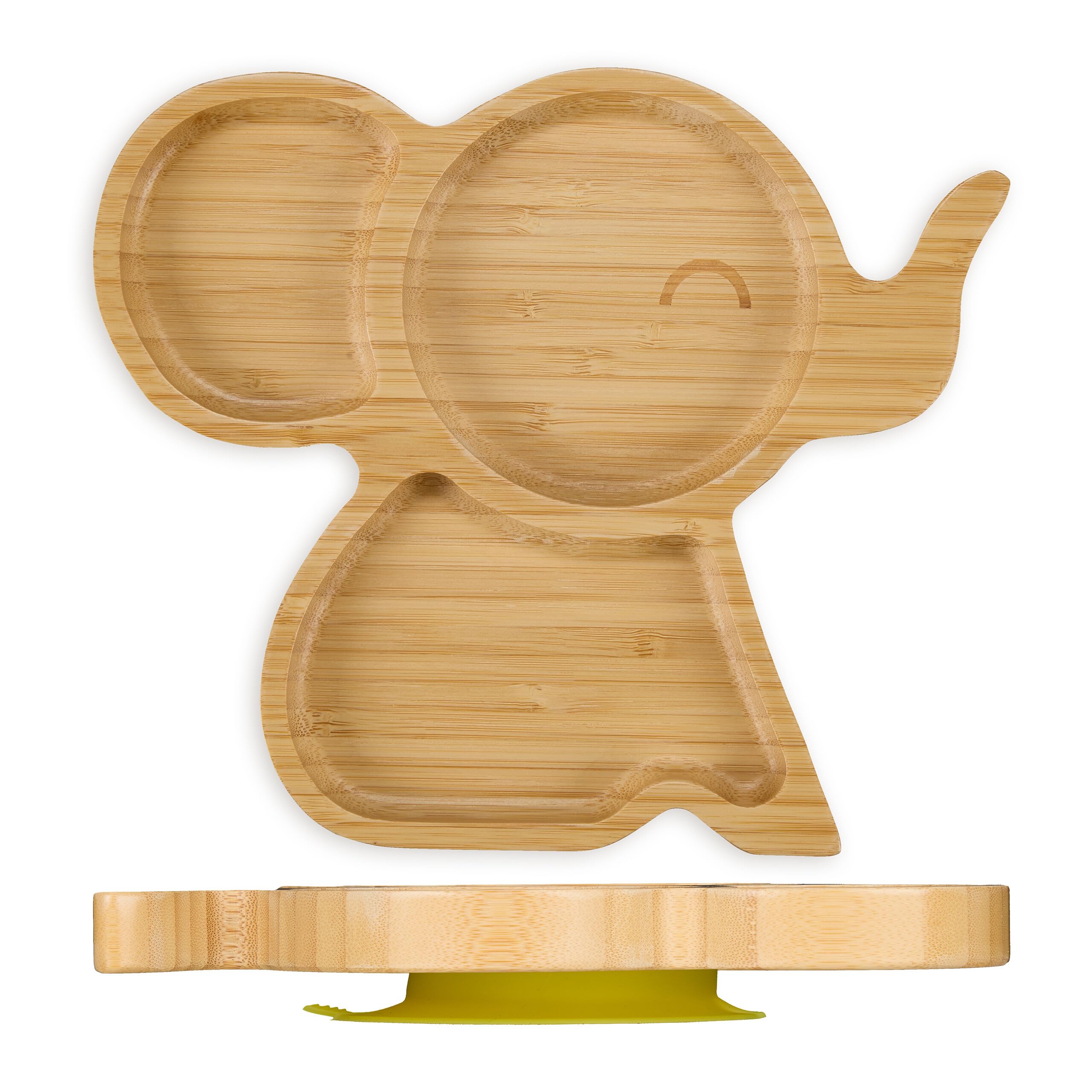 Relaxdays Baby Plate, with Suction Cup, Bamboo, Elephant Motif, Non-slip, BPA-free, Complementary Food, Divided Sections