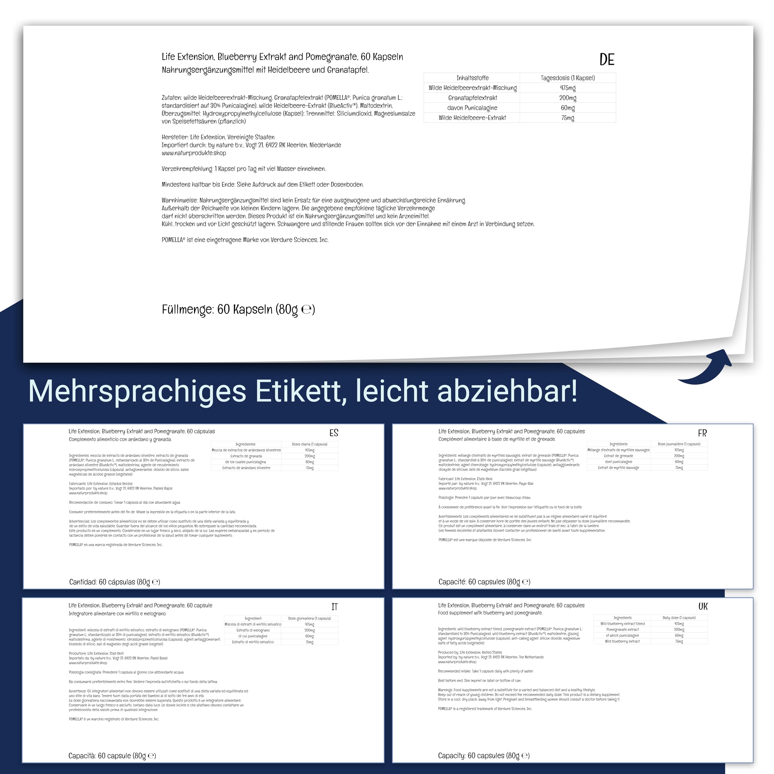 Life Extension, Blueberry Extract and Pomegranate, 60 vegetarische Kapseln, 475mg Wilde Heidelbeerextrakt-Mischung je Dosis, Glutenfrei, Sojafrei, GMO frei, Granatapfelgeschmack