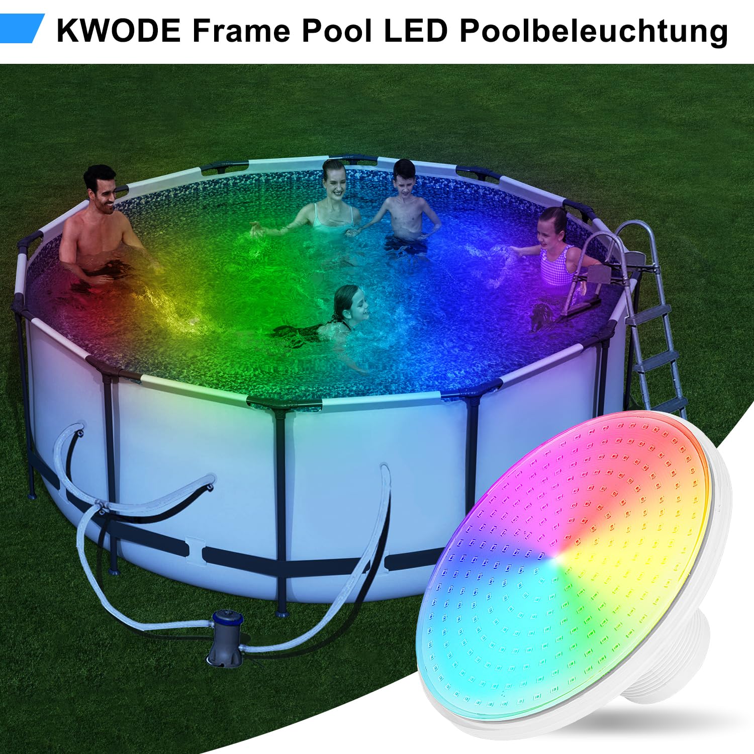 LED Poolbeleuchtung Unterwasser für Aufstellpool, 24W RGB Dimmbar Frame Pool Poolbeleuchtung mit Fernbedienung, 12V LED Unterwasserscheinwerfer mit 7m Kabel, Außengewinde 2 ¼ Zoll