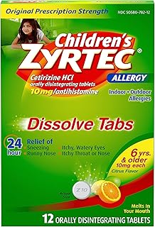 Children's 24 Hour Dissolving Allergy Relief Tablets with 10 mg Children's Cetirizine Hydrochloride, Citrus Flavored Dissolvable Allergy Tablets with Antihistamine for Kids, 12 ct