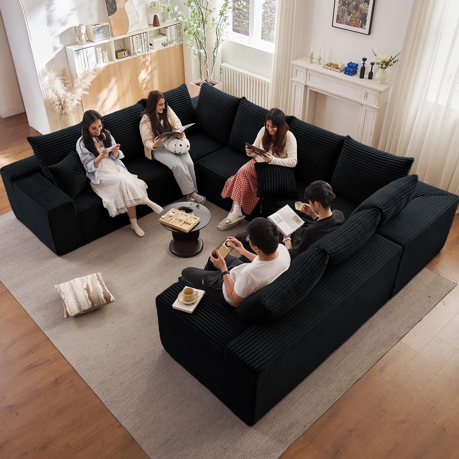 Sectional Cloud Couch for Living Room, Modular Floor Deep-Seat Sofa, Big Comfy Corduroy Couches Set with Fluffy Memory Foam, Stupendous U Shaped Sofas