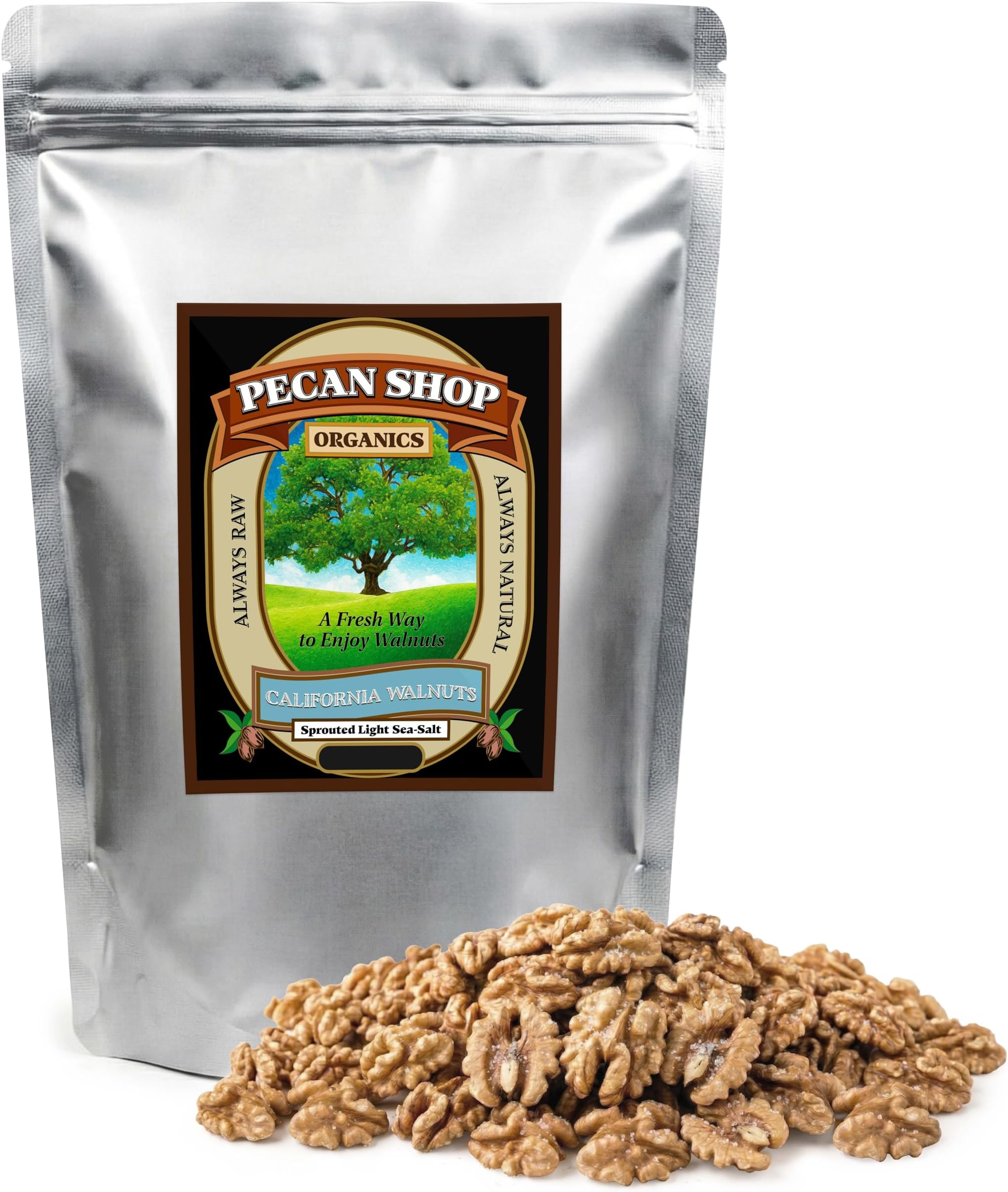 Pecan Shop Organic California Walnuts for Snacking, Family Orchard Grown, Sprouted, Lightly Sea Salted - (2 LB)