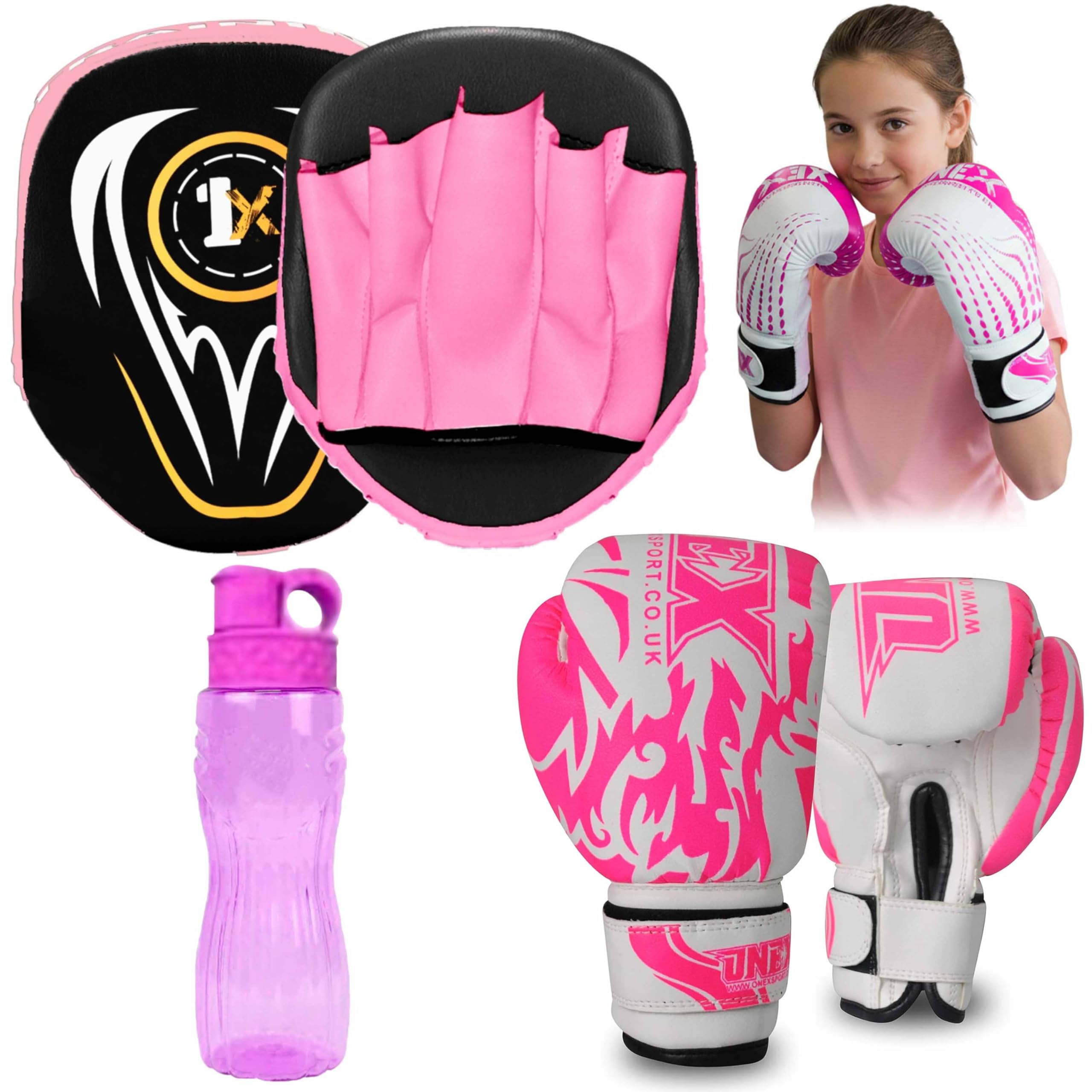ONEX Boxing Gloves and Pads Kids Boxing Set for Kickboxing & MMA Muay Thai Punching Glove Flat Boxing Pads With Water Bottle Martial Arts Training for Kids and Junior (PINK, 6oz)