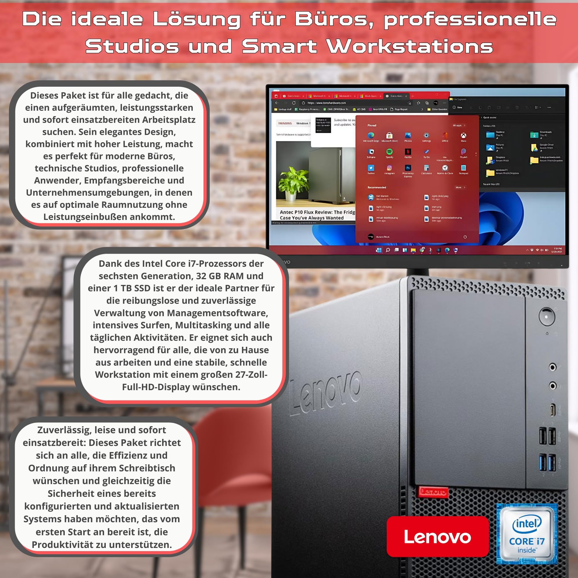 Lenovo PC komplett Büro Professional i7 no 4.0 GHz - Monitor 27 Zoll FHD 32 GB RAM 1 Tera SSD Nvme - Win 11 Pro MS Office Garantie 36 Monate