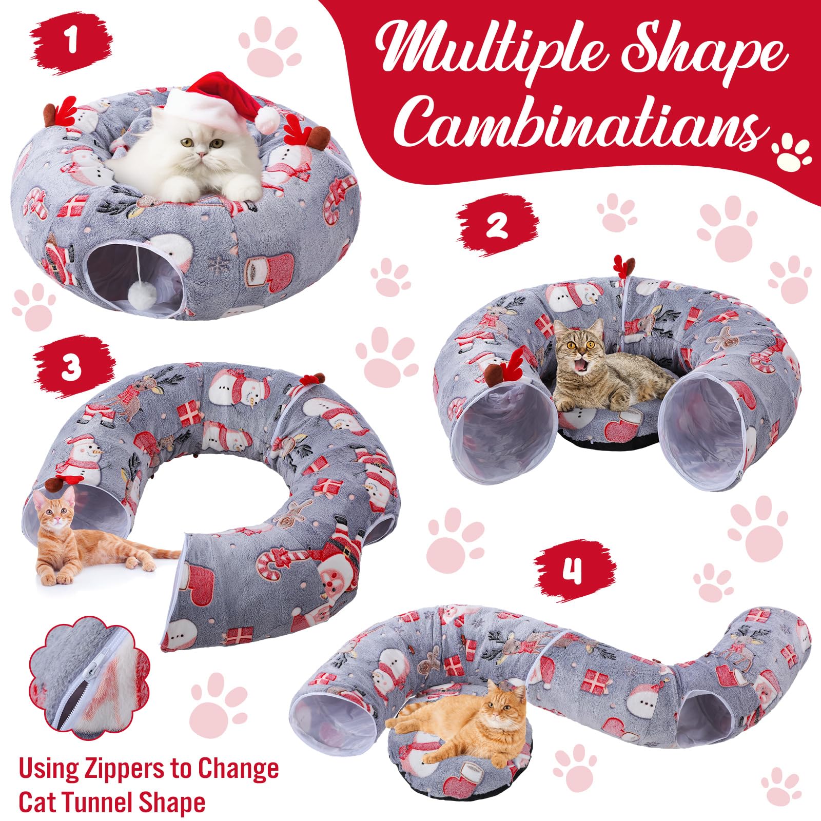 Cama tipo túnel de Navidad para gatos con 7 juguetes para gatos, cama tipo túnel de felpa cálida y esponjosa con cojín lavable y bolas colgantes, 3 pies, multifuncional para gatos pequeños, medianos y