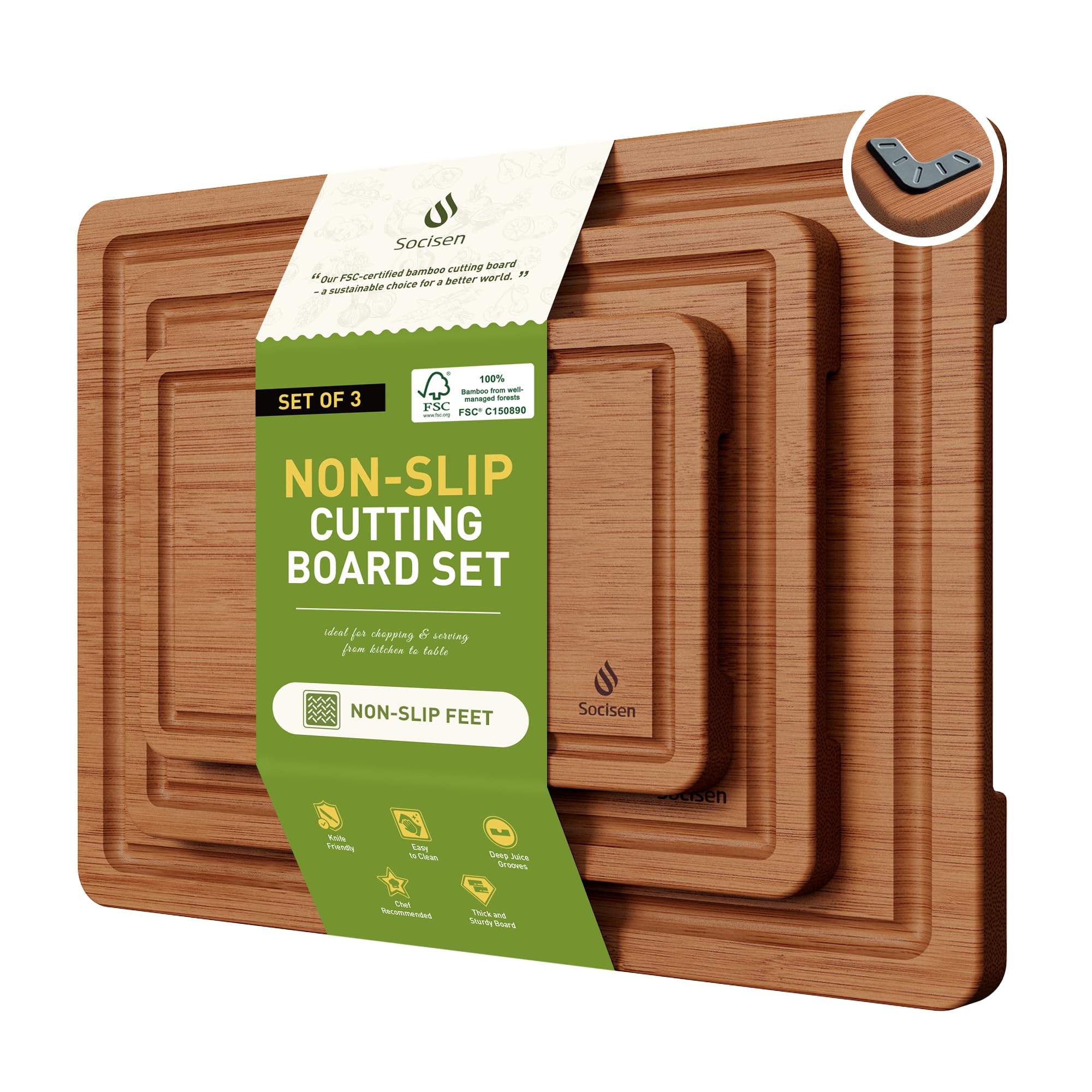 Socisen Bamboo Cutting Boards Set of 3 with Non-Slip Feet and Over