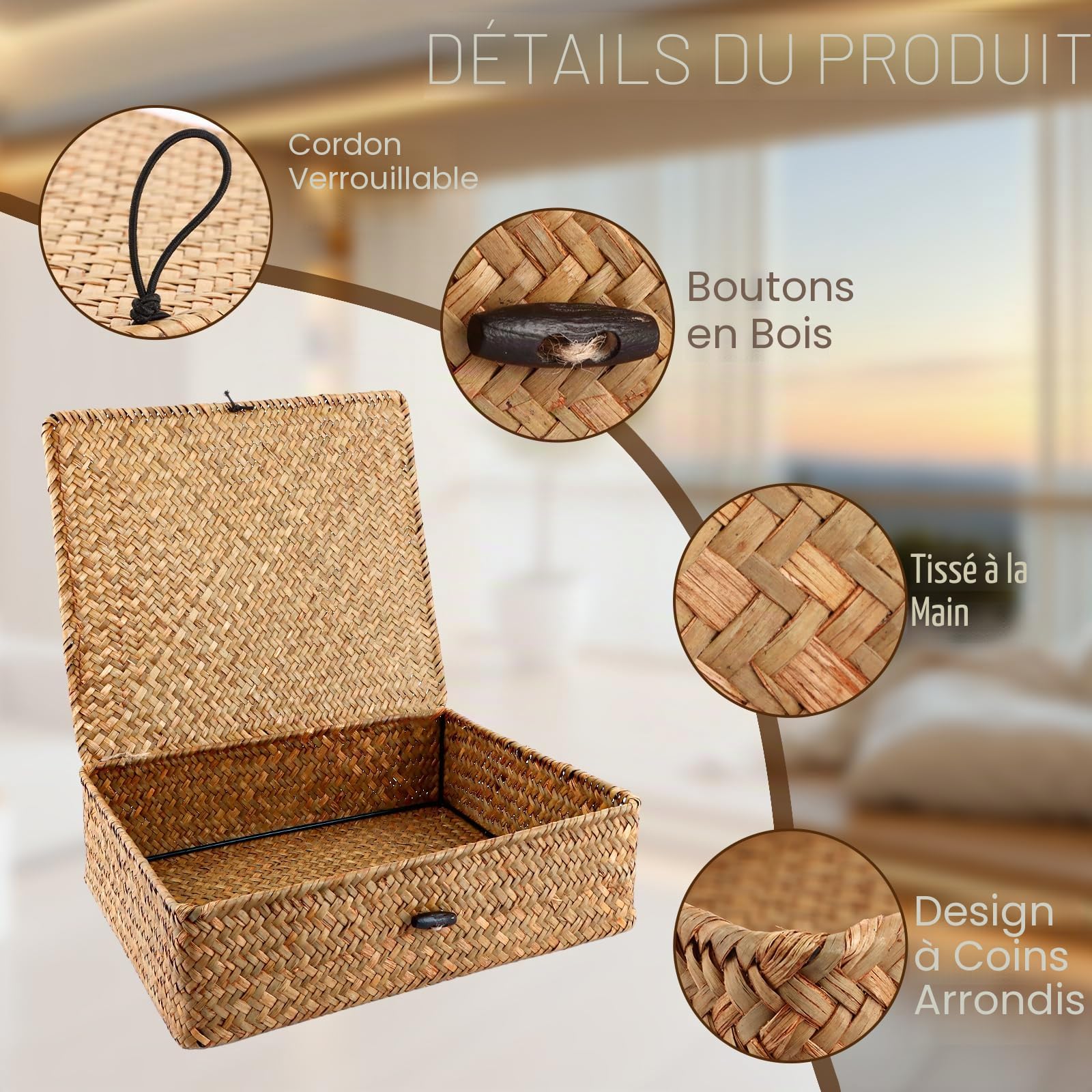 YAYODS Lot de 3 Panier en Algues Naturelles avec Couvercle - Panier de Rangement Tressé en Rotin Rectangulaire - Corbeille de Rangement Empilable pour Salle de Bain, Salon et Cuisine - Design Rustique
