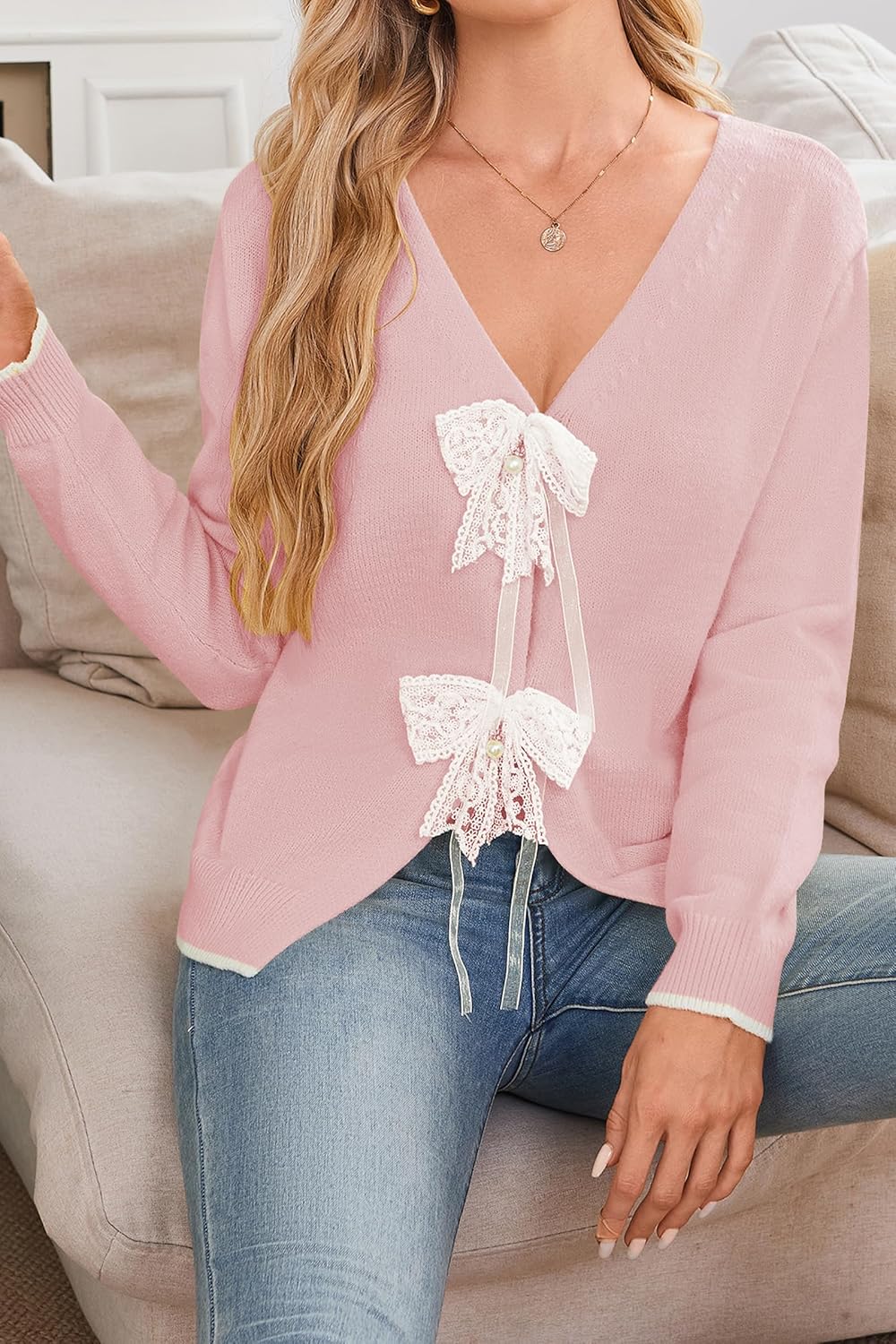 Cakulo Womens Bow Tie Sweater V Neck Cardigan Sweaters Lightweight Fall Fashion Knit Cardigans Winter Clothes 2025 Pink XL - Image 4