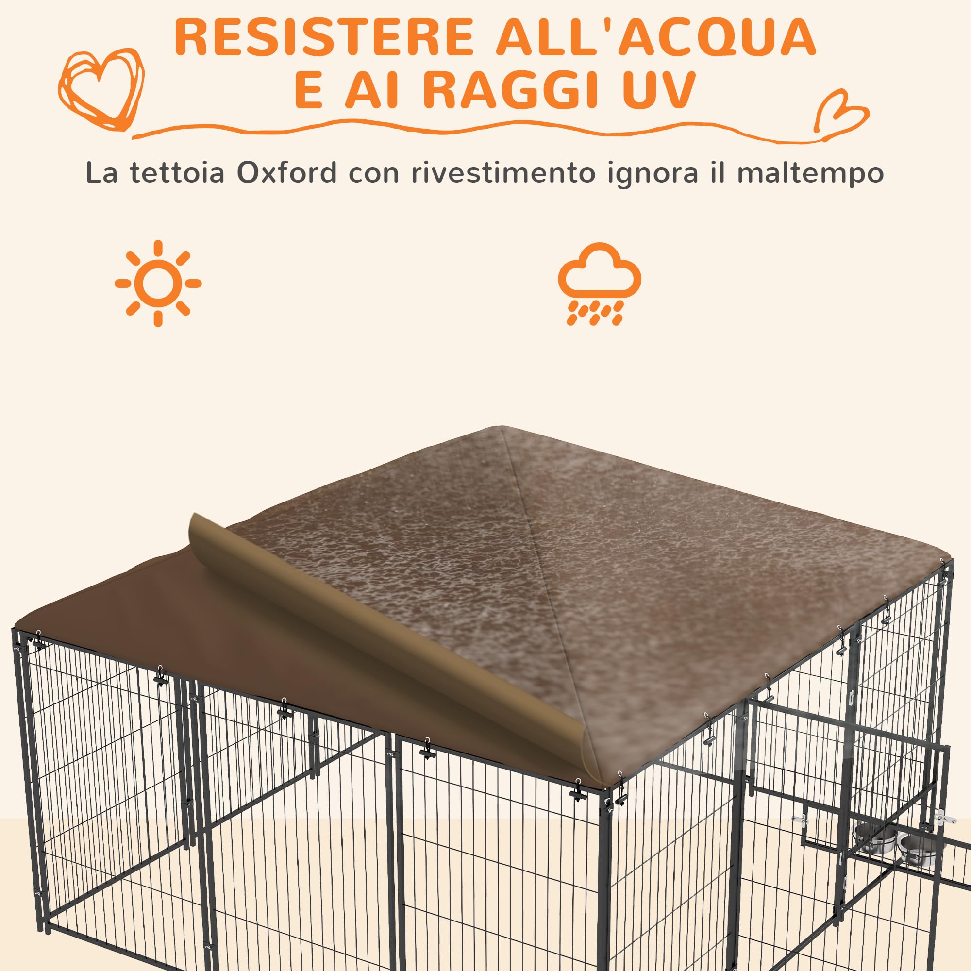 PawHut Recinto per Cani da Esterno, Box per Cani in Acciaio 211x211x151 cm con Tetto Anti-UV, Impermeabile, Ciotola Girevole, Kennel Recinzione Spazioso per Cuccioli, Giardino, Nero e Marrone