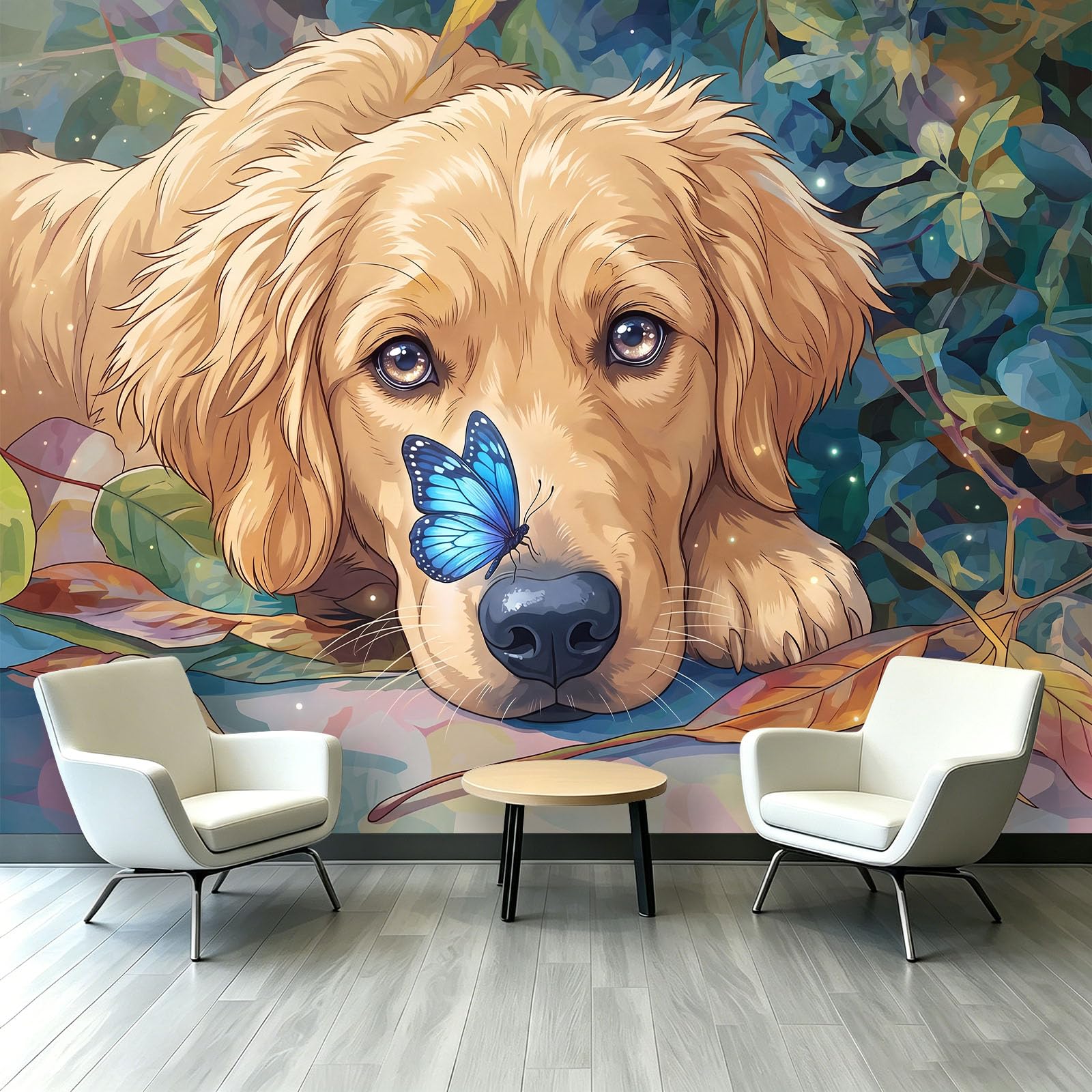 Fototapeta ścienna z włókniny 3D, Golden Retriever, motyl opadłe liście, niestandardowa, panoramiczna dekoracja ścienna, akwarela, przytulny design, do salonu, kuchni, sypialni, 200 x 140 cm (szer. x