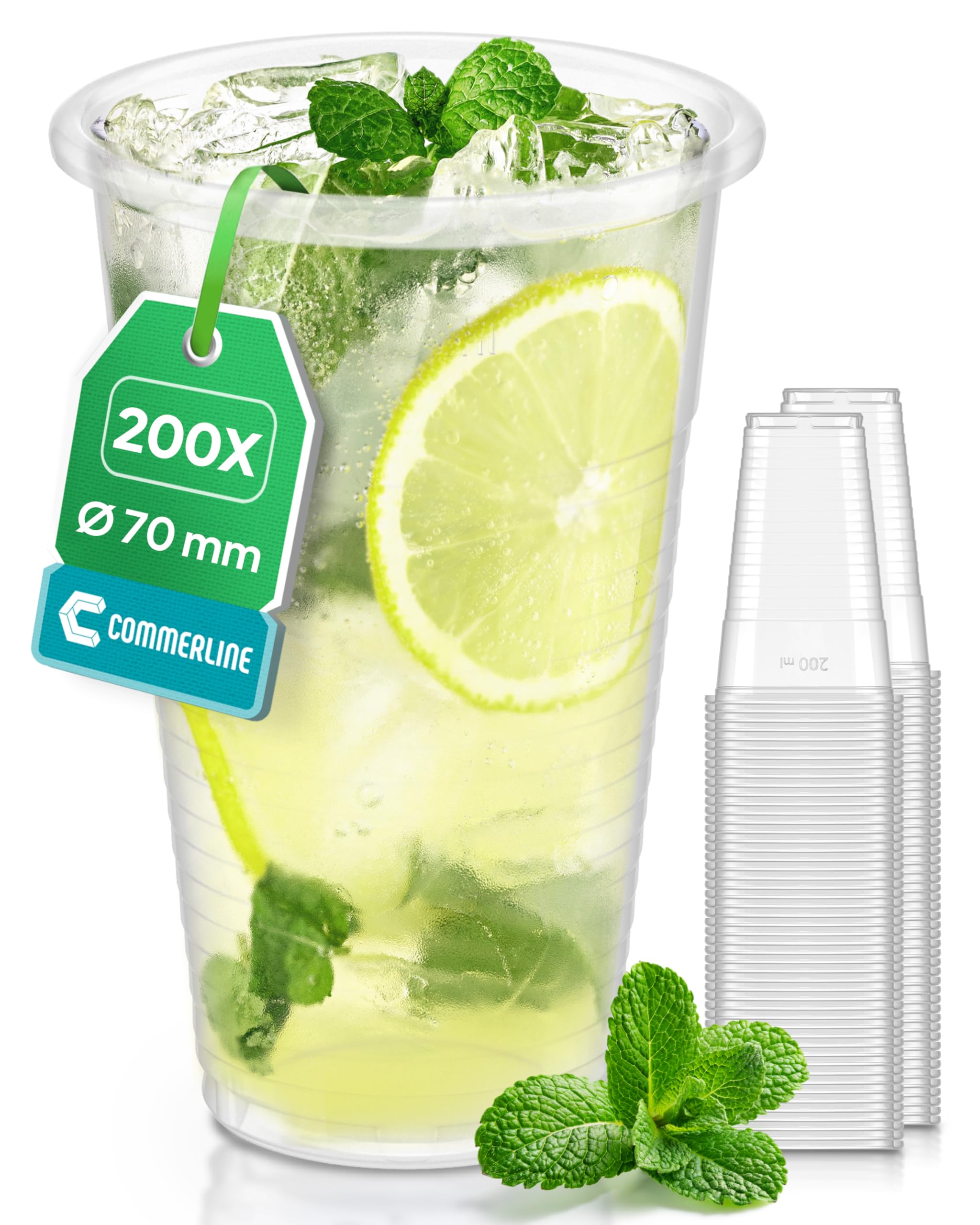 Commerline 200 Stück Plastikbecher 0,3L Trinkbecher, Plastik Transparent Becher, Partybecher, Kunststoffbecher, Wasserbecher Ausschankbecher