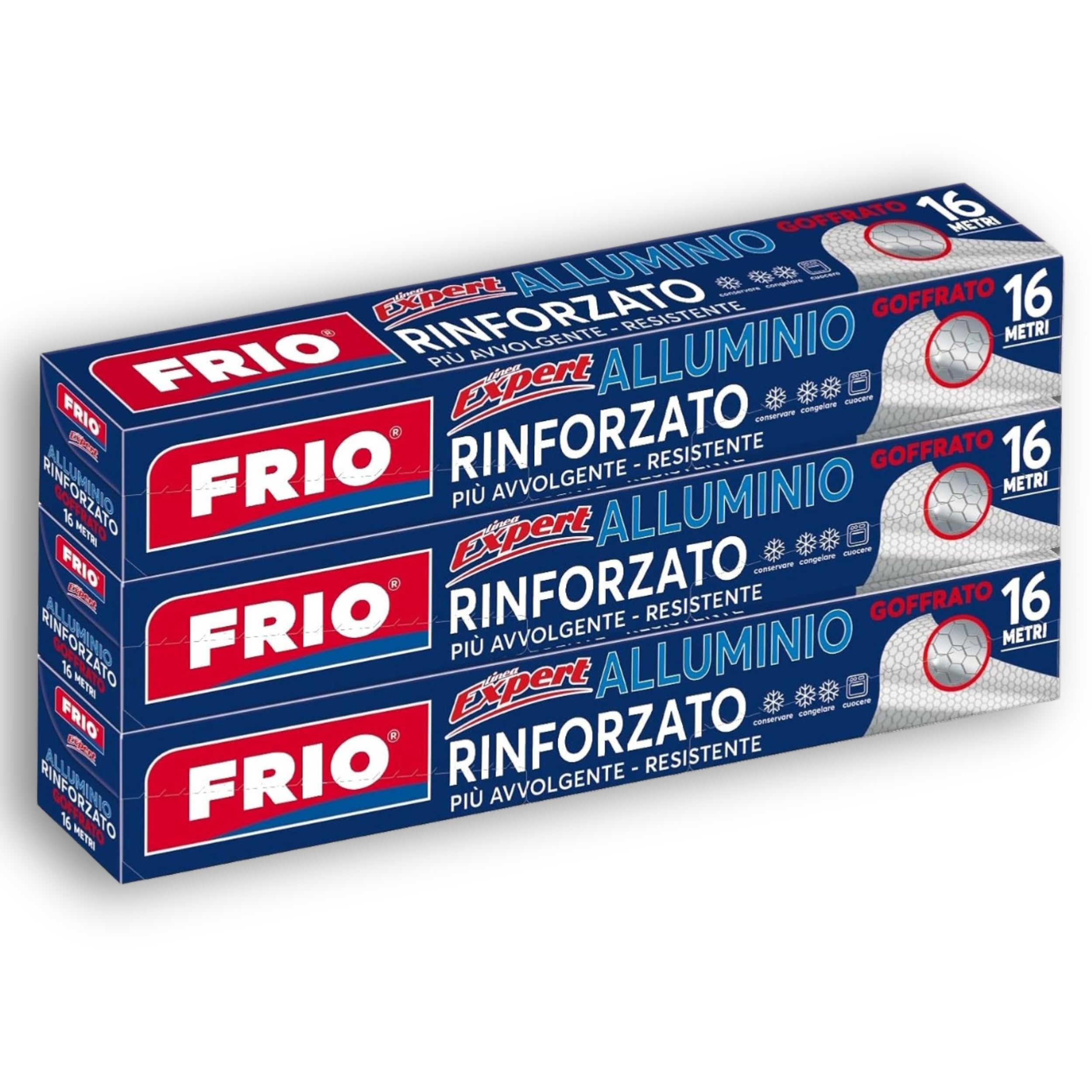 FRIO - Set con 3 rotoli Alluminio alimenti Goffrato, 16 metri rinforzato, totale 48 metri, per cucinare, per cucina professionale, meno sprechi, duttile, passa dal gelo al frigo al forno
