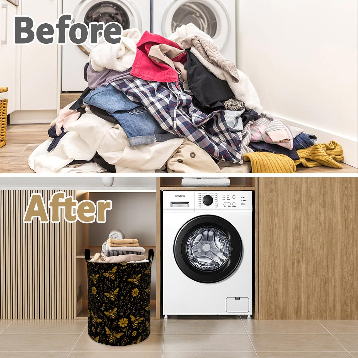 Honey Bee Laundry Basket, Vintage Garden Foldable Waterproof Dirty Clothes Hamper 19.7"x15.7", Gothic Vine Print Oxford Cloth Storage Organizer for Bedroom Dorm Bathroom Decor Gifts