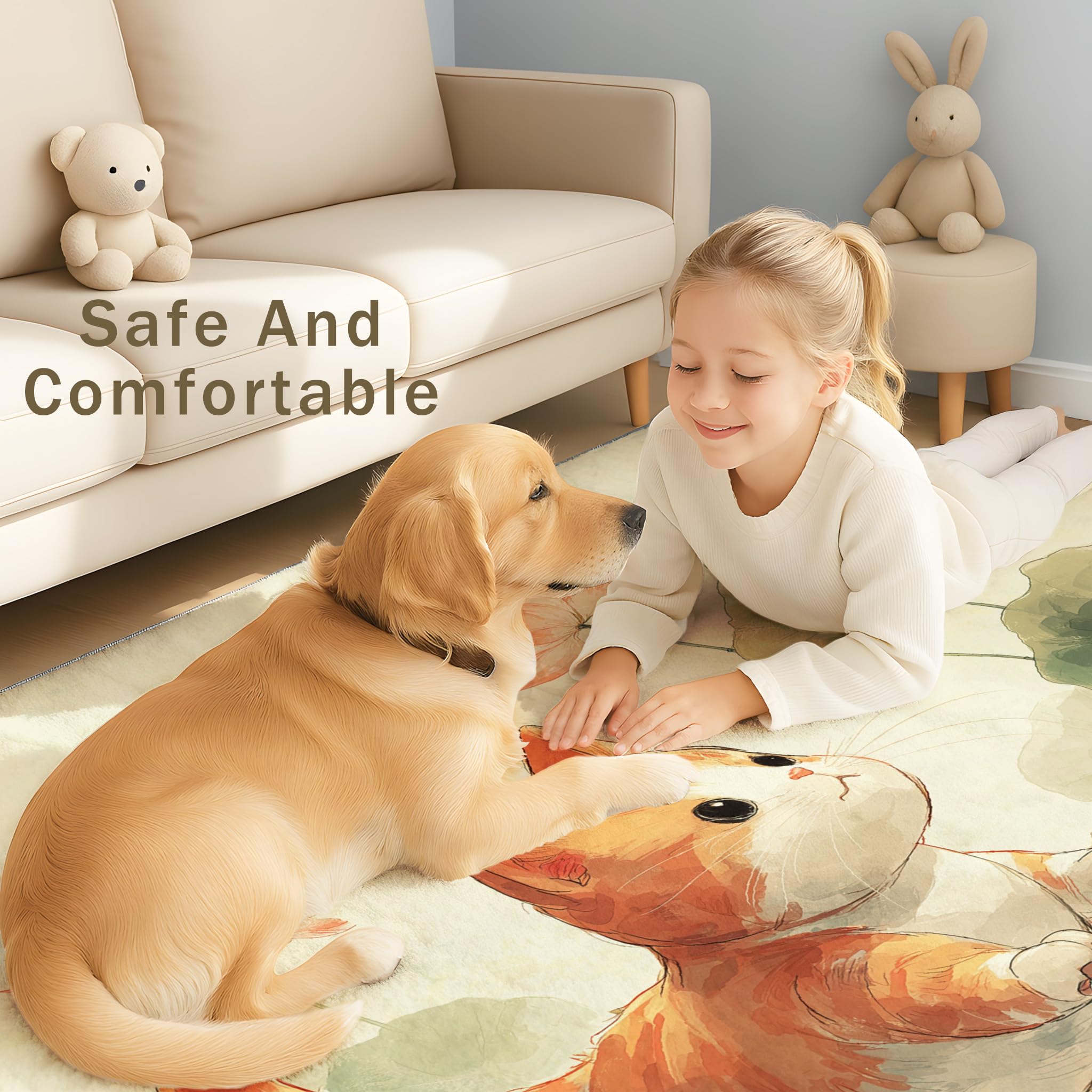 Générique Tapis Imprimé Encre De Chine pour Salon Chambre Décoration de la Maison Doux Lavable Chambre d'enfants Tapis de Sol de Jeu, Chat Étang Lotus Motif (Beige Clair 60 x 90 cm)