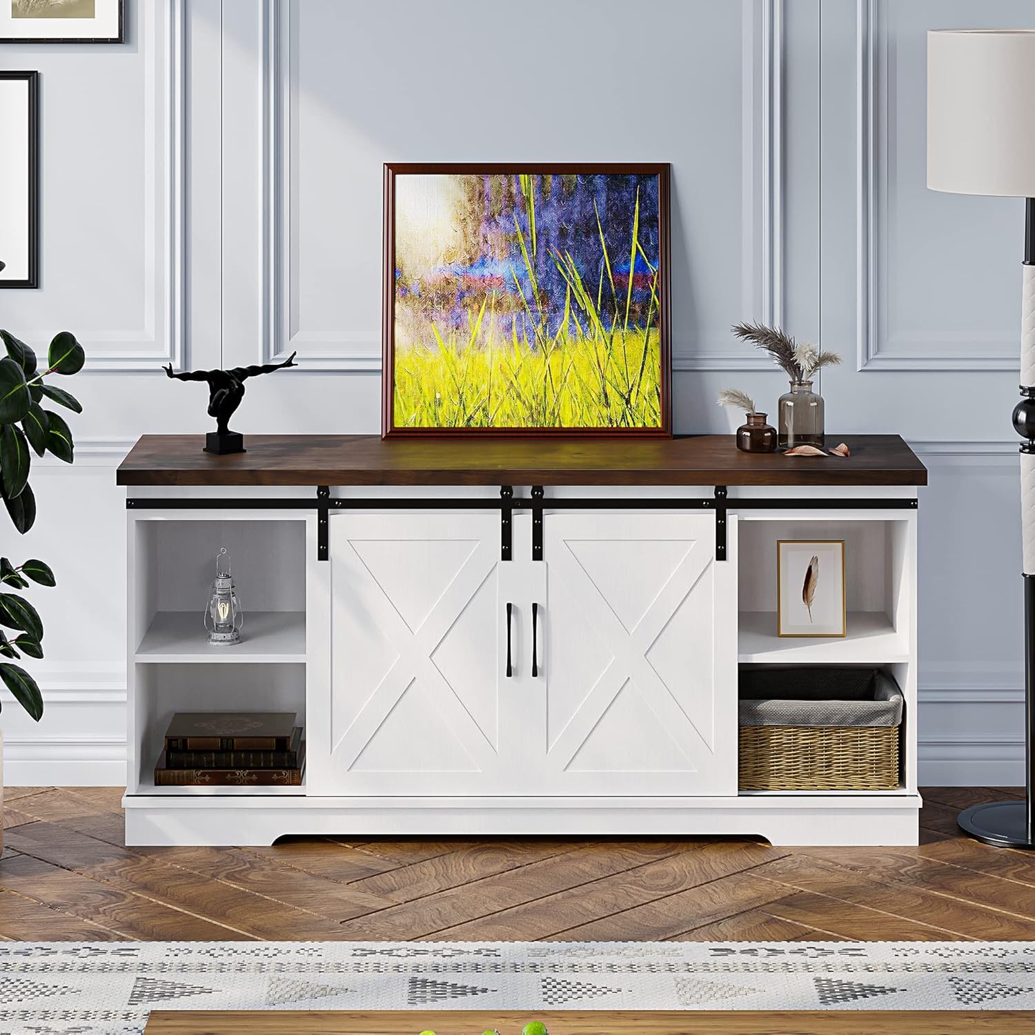 IDEALHOUSE Farmhouse TV Stand for 65 Inch TV - Entertainment Center with Storage & Shelves, Barn Door TV Console Table, Modern Living Room Furniture (White)
