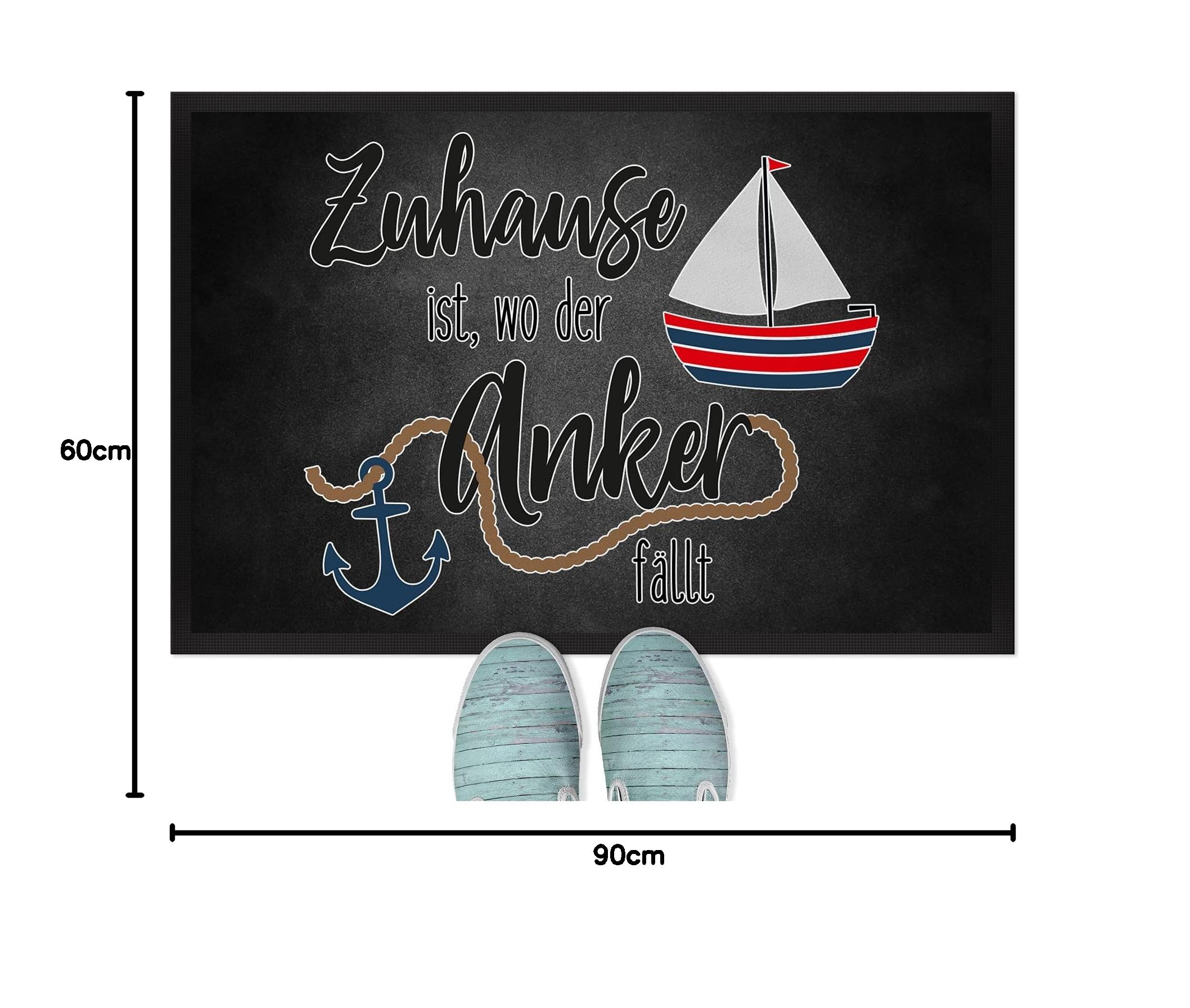 JUNIWORDS Fußmatte, Zuhause ist da, wo der Anker fällt, 90 x 60 cm, mit Gummirand