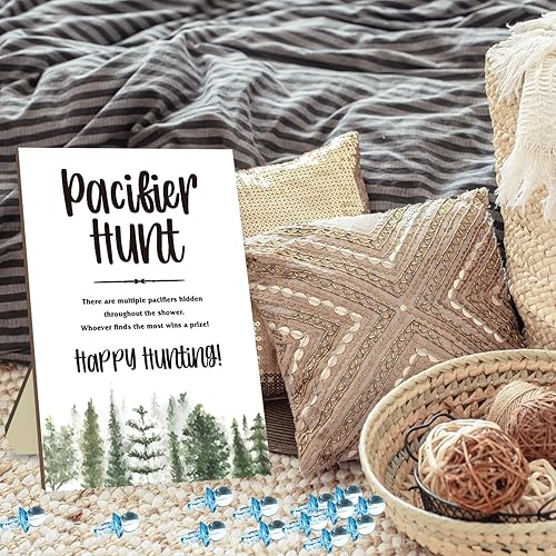 Miniatura 4 de Azbuk Juegos de fiesta de baby shower, caza de chupones para bebé, juego de baby shower, incluye chupetes temáticos de bosque, letrero de juego de