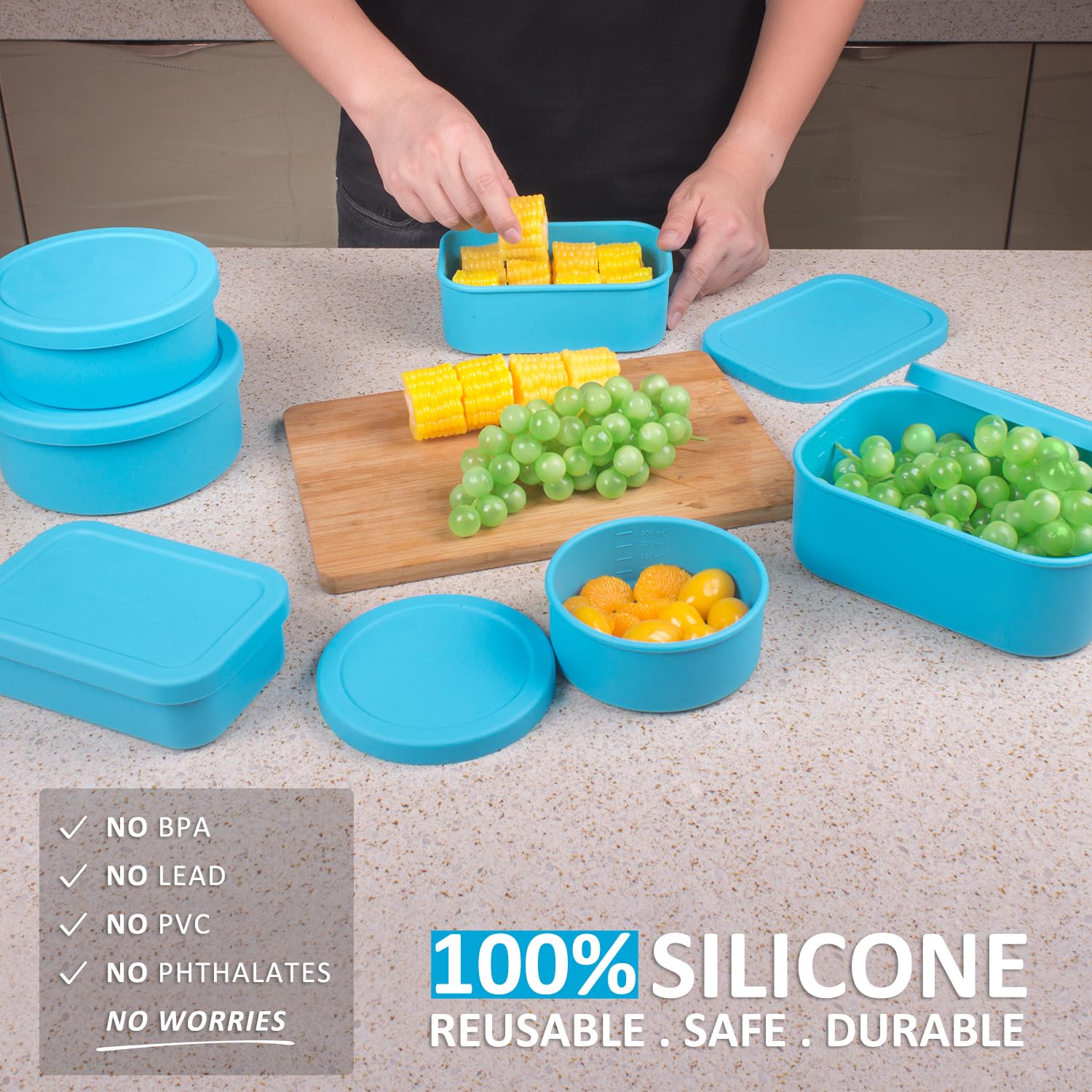Juego de 6 recipientes de silicona para almacenamiento de alimentos con tapa, recipientes de silicona de carcasa dura con líneas de medición, microondas, congelador, horno, lavavajillas, sin
