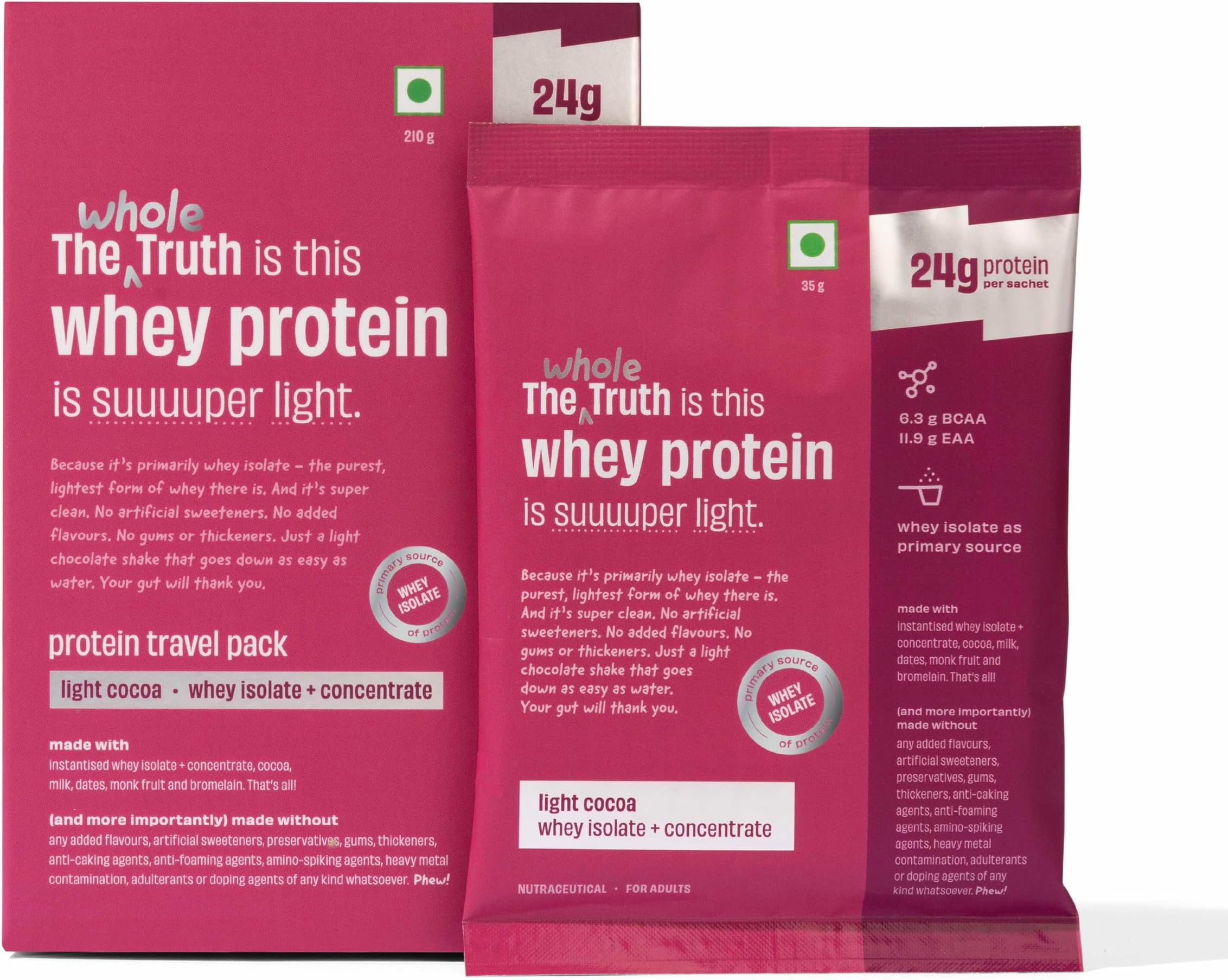 The Whole Truth Whey Protein Isolate+Concentrate | Light Cocoa 210g (Pack of 6) | 24g Protein/Sachet 6.6g BCAA | 100% Authentic & No Adulteration | Clean, Light & Easy to Digest | Sample & Travel Pac