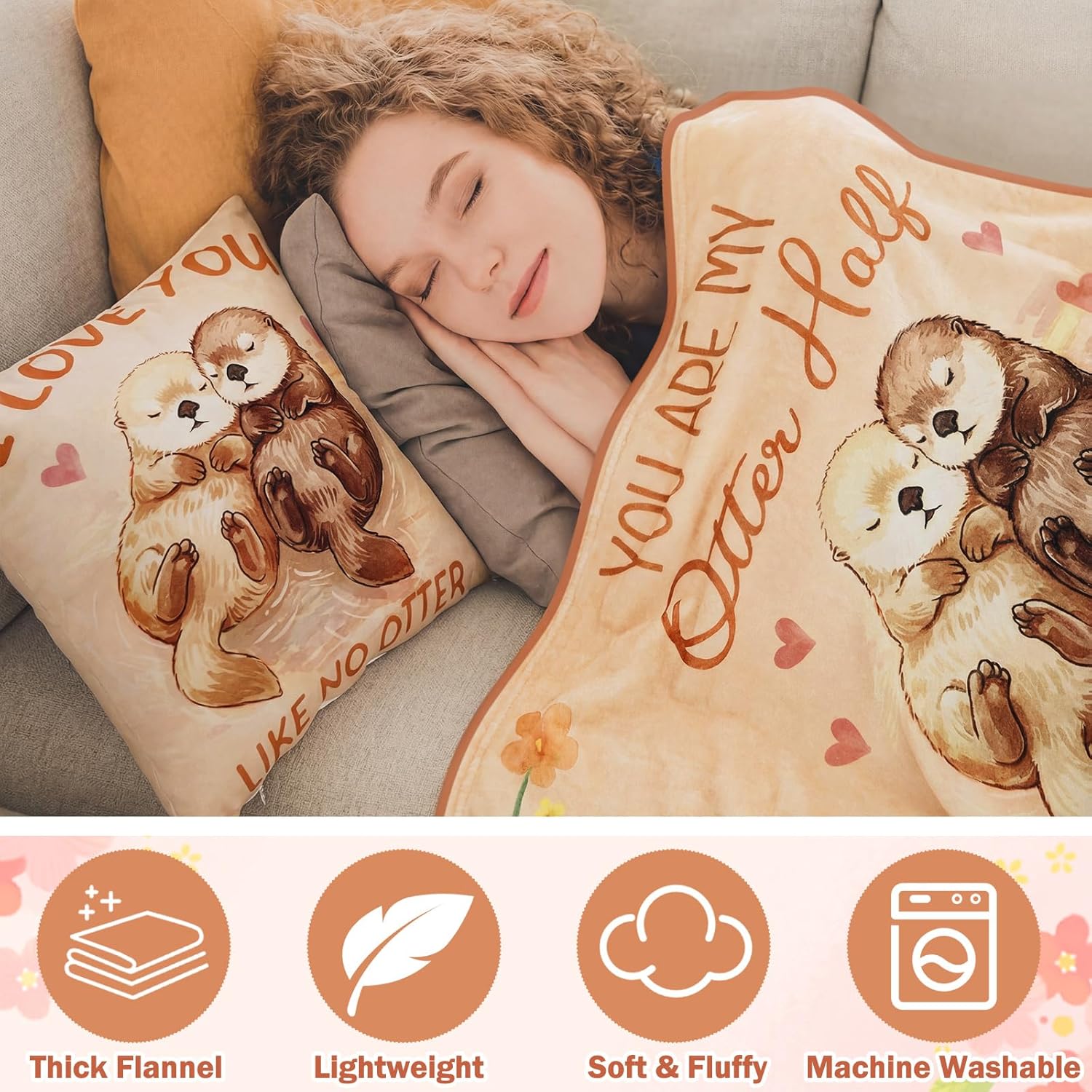 Moukeren 3 Pcs Anniversary Otter Gift for Her Couple for Women Wife Include Otter Throw Blankets Cute Soft Novelty Crew Socks Pillow Cover Girlfriend Sweetest Day Couples Idea