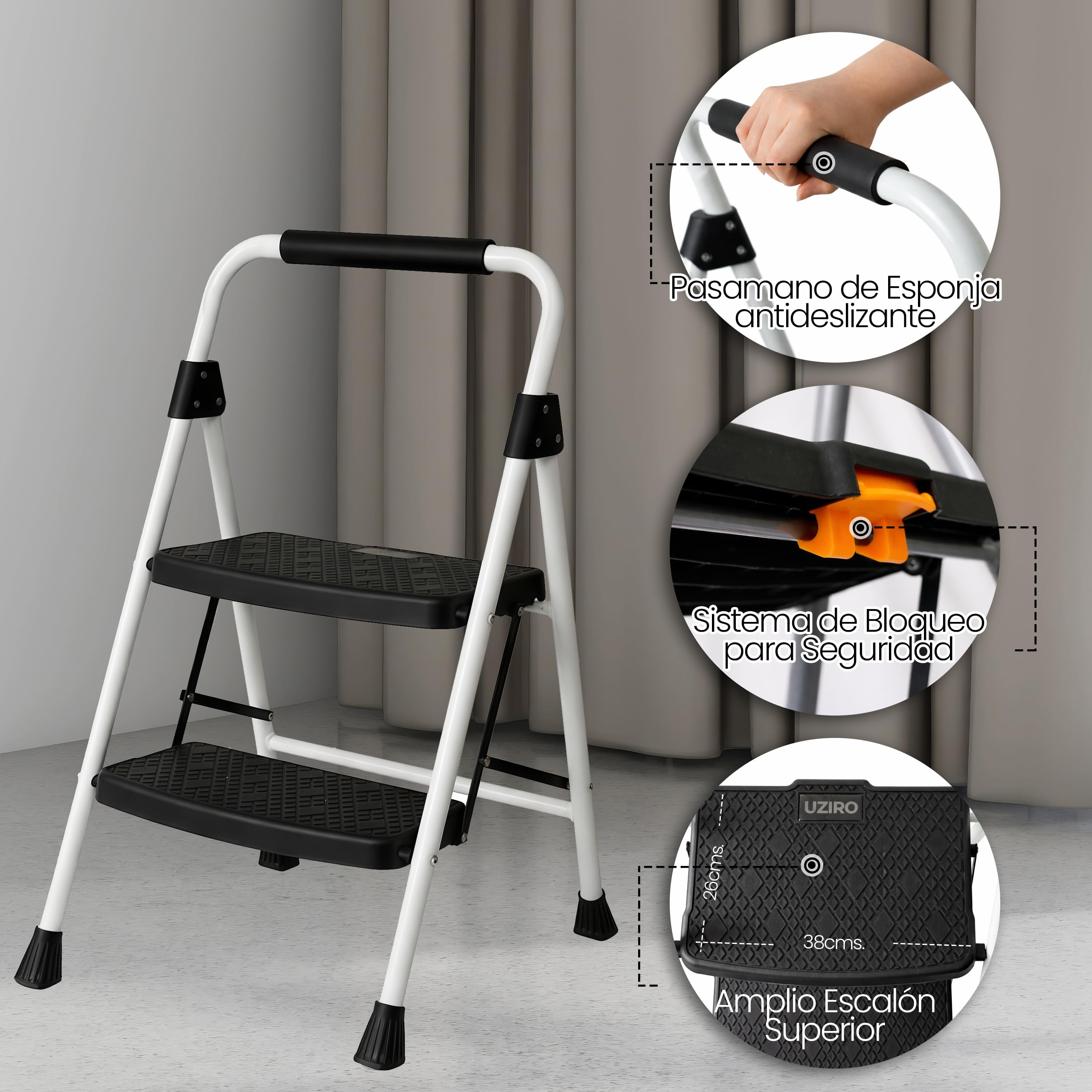 UZIRO Escalera Plegable 2 Peldaños, Estructura de Acero y Aluminio, Color Blanco, Peldaños Antideslizantes, Asa de Goma, para Hogar, Cocina, Oficina y Bricolaje