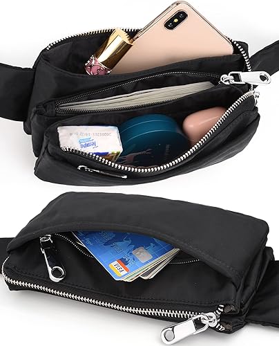 Vista 4 de UTO Riñonera para mujeres y hombres, riñonera de nailon repelente al agua, a la moda, ligera, con 5 bolsillos con cremallera