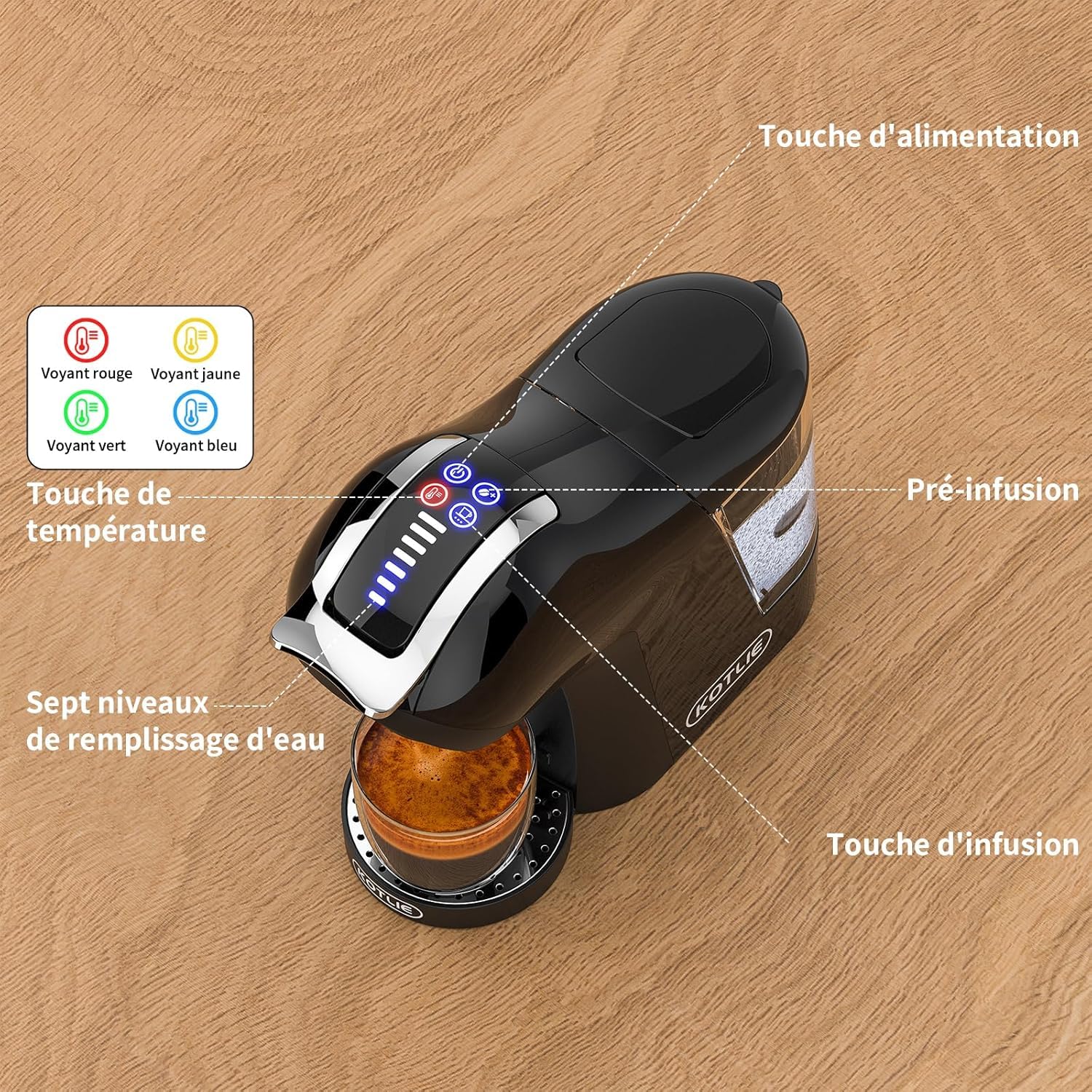 Machine à Café Multi-Capsules 5-en-1 308A, Expresso, Lungo et Café Glacé | Compatible: capsules NES, DG, MIO, café moulu & dosettes ESE 44mm. 4 températures et 7 niveaux d'eau, Noir