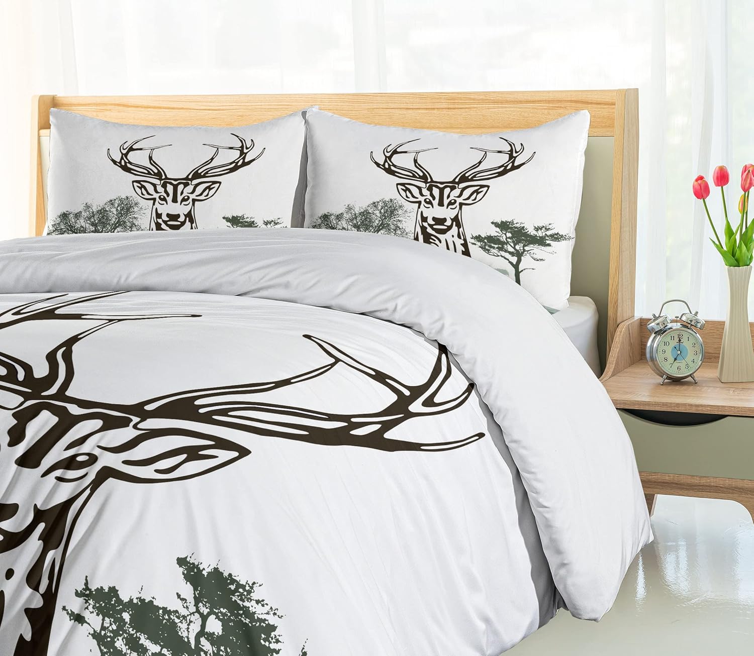 Ambesonne Antlers Duvet Cover Set, Deer Moose Trees Silhouettes Outline of Village Mountain Fall Forest, Decorative 3 Piece Bedding Set with 2 Pillow Shams, Queen Size, Chocolate Green White