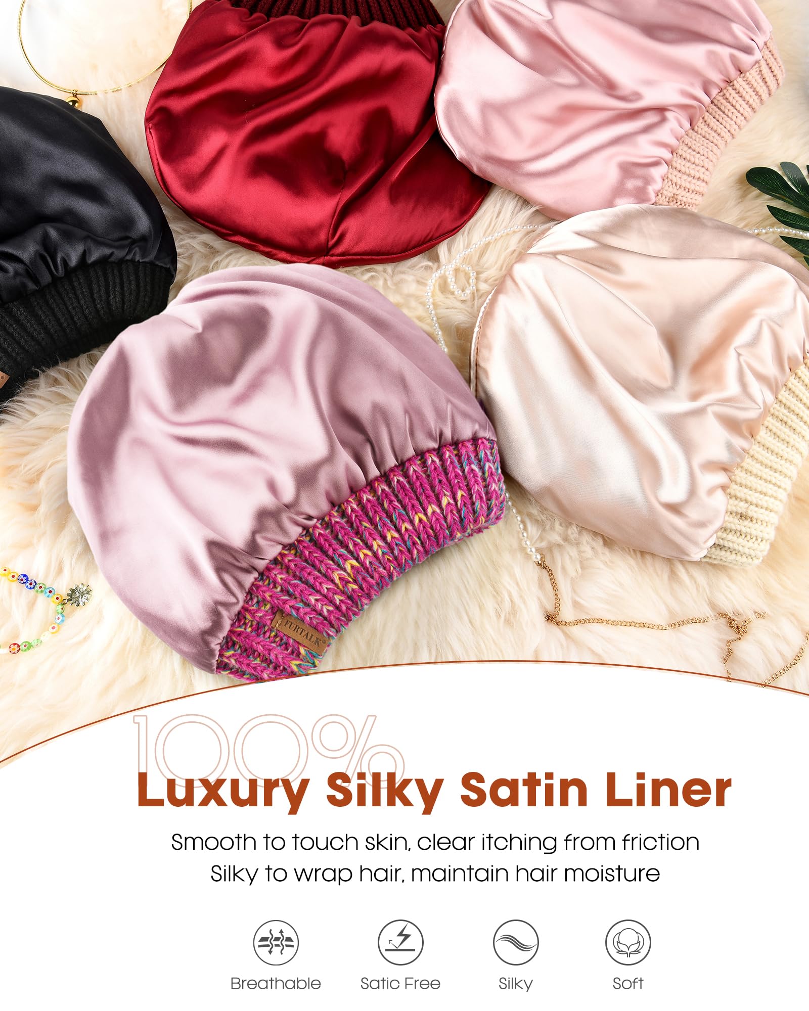 FURTALK Winter Beanie Hat for Women Satin Lined Knit Beanie Slouchy Winter Hats Multicolor