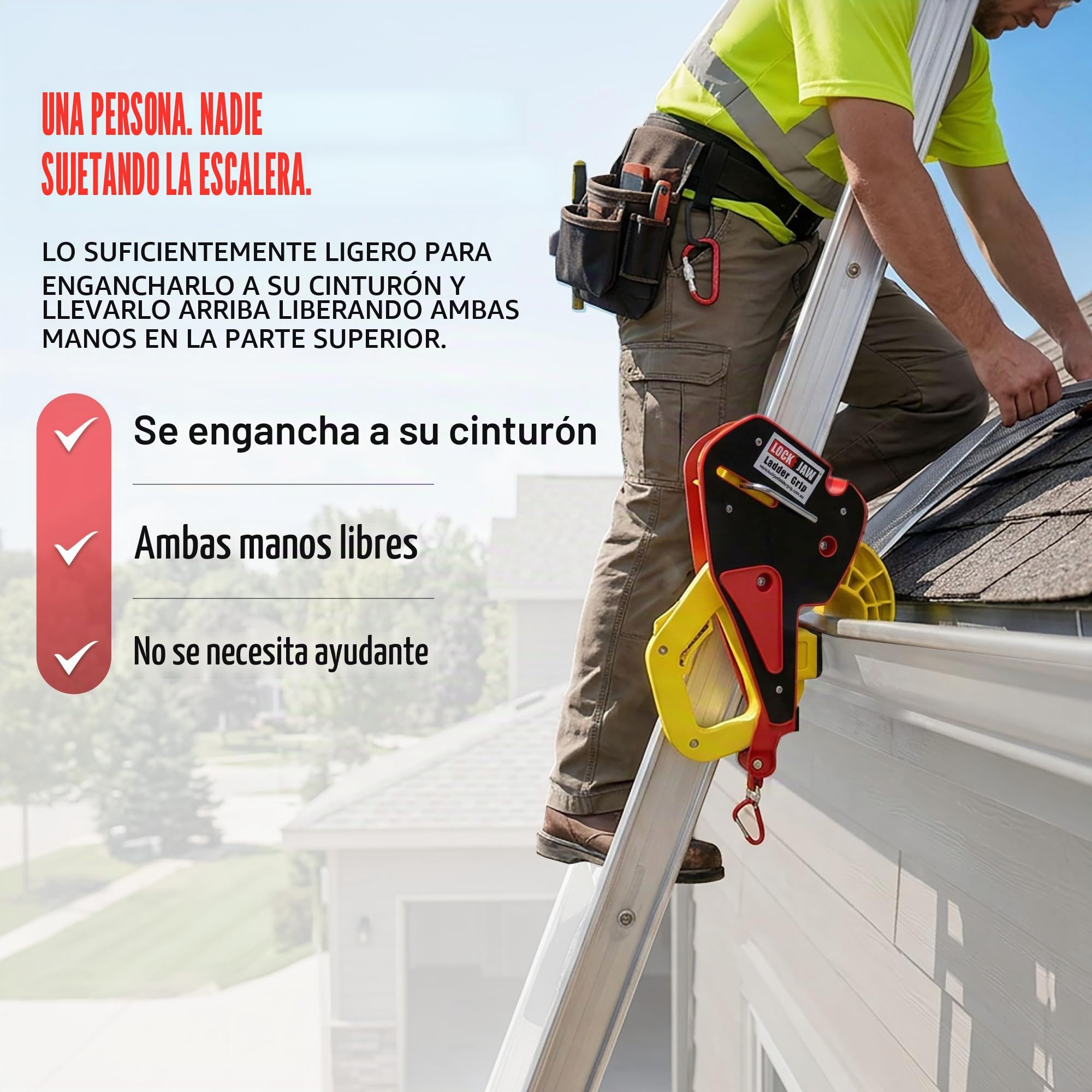 Lock Jaw Ladder Grip - Bloqueo de escalera anticaída - Tope de escalera de montaje rápido - Agarre de escalera para seguridad en el trabajo - Accesorios de escalera - Bloqueo de escalera