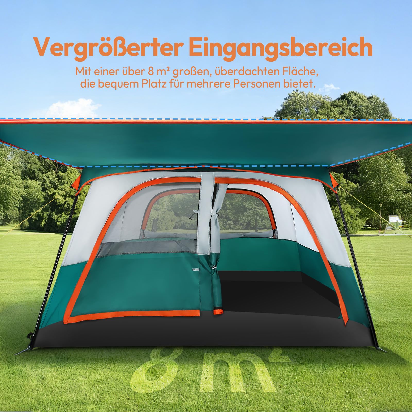 Treeboy Familienzelt 4 Personen PU3000mm Wasserdicht Glamping Zelt Hauszelt Quick-up Große inkl. abnehmbarem Dach & Tragetasche, Verdunkelungszelt mit Veranda für Camping Outdoor Reise Trekking