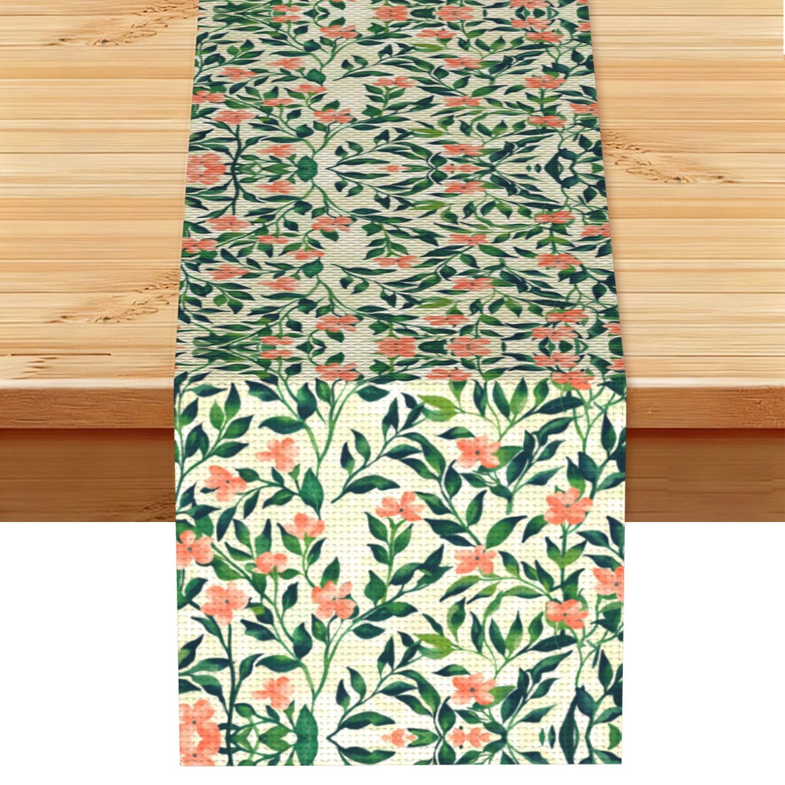 Dewy Coral Green Vines Printed Table Runner 13 x 72, Wrinkle Resistant Decor for Dining Table Coffee Table Fireplace