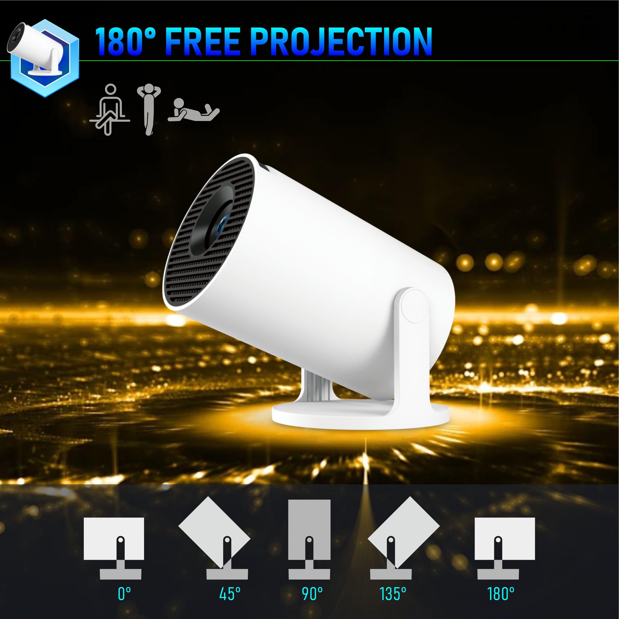 Portable Video Projecteur Mini Projecteur 4K Videoprojecteur WiFi 6 BT5.4 Android 11 Retroprojecteur 1080P Full HD Supporté pour TÉLÉPhone PC Lap HDMI Home Cinéma 180° Rotation (Middle)