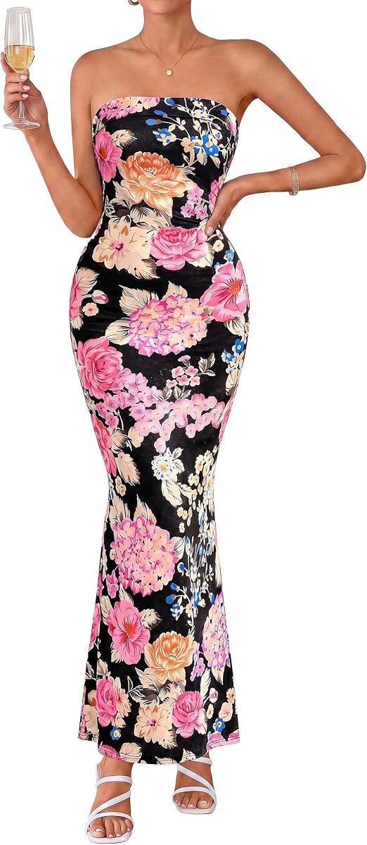 PRETTYGARDEN Womens Strapless Maxi Dress 2026 Summer Floral Bodycon Sleeveless Tube Back Slit Wedding Guest Cocktail Dresses