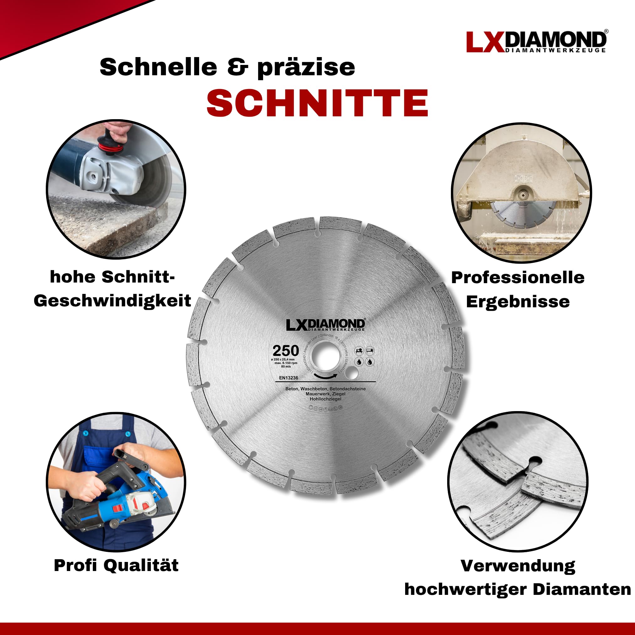 Diamant-Trennscheibe 250mm x 25,4mm - für Schneidetische, Brückensägen - Diamantscheibe zum Trennen von Stein, Beton, Ziegel, Mauerwerk - 250 mm Steinscheibe in Profi Qualität
